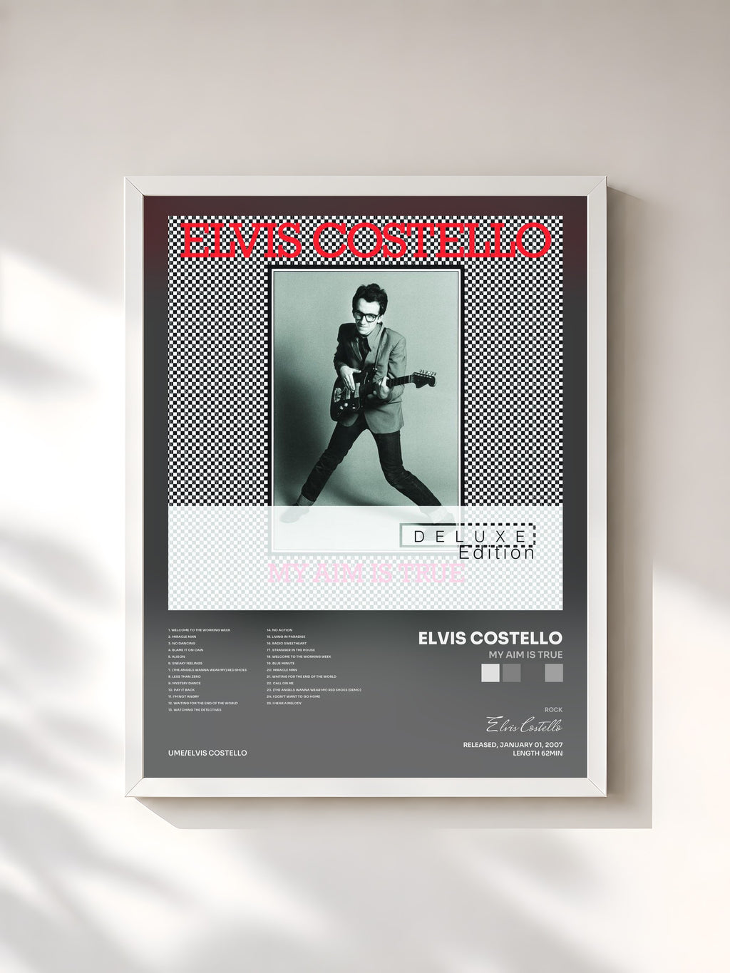 #blanc Tableau de l'album My Aim Is True de Elvis Costello, cadre blanc, imprimé et encadré en France