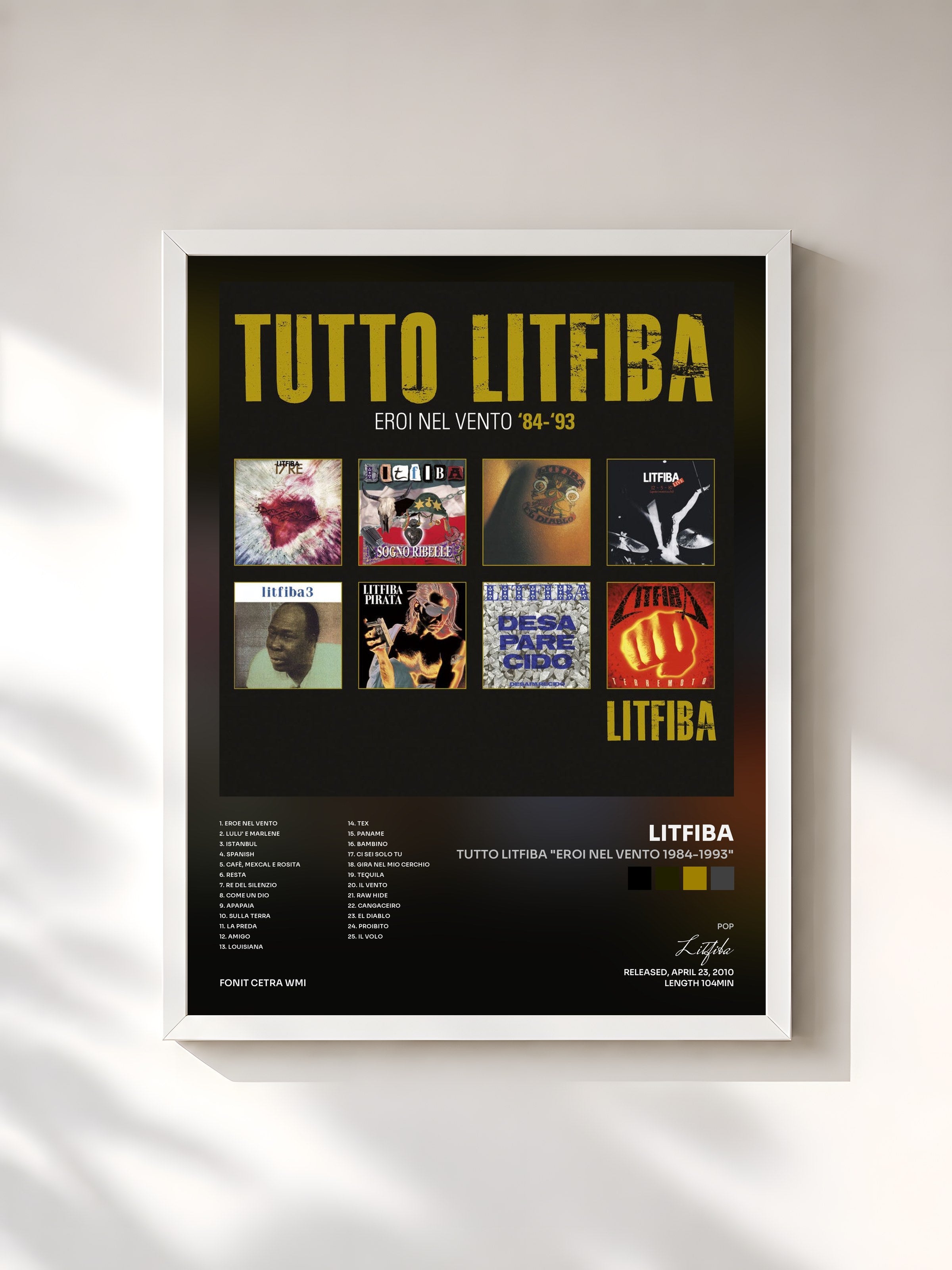 #blanc Tableau de l'album Tutto Litfiba "Eroi nel vento 1984-1993" de Litfiba, cadre blanc, imprimé et encadré en France