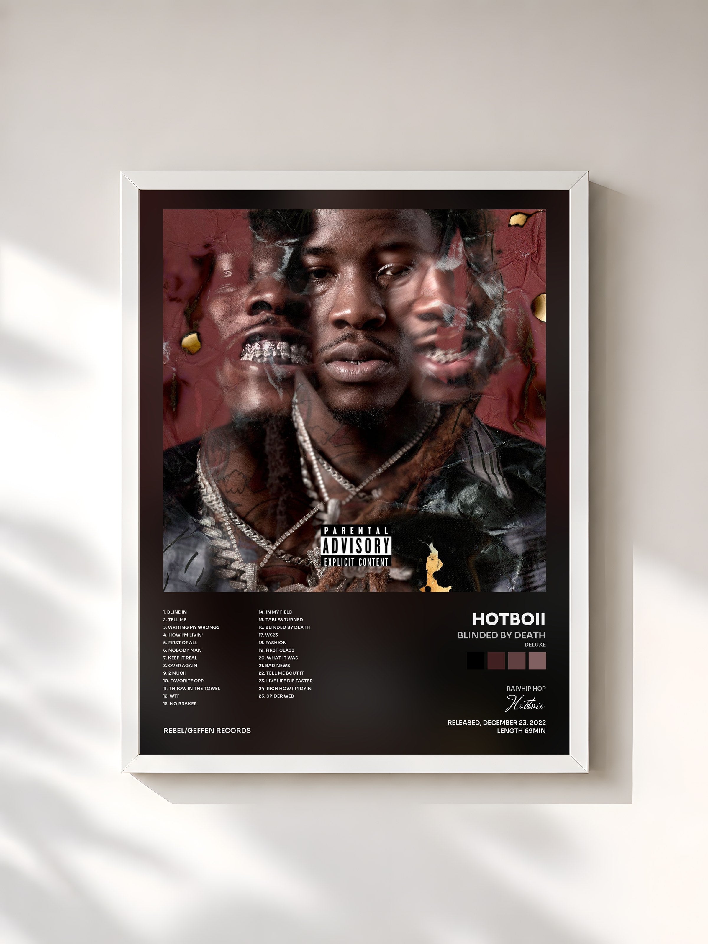 #blanc Tableau de l'album Blinded By Death (Deluxe) de Hotboii, cadre blanc, imprimé et encadré en France