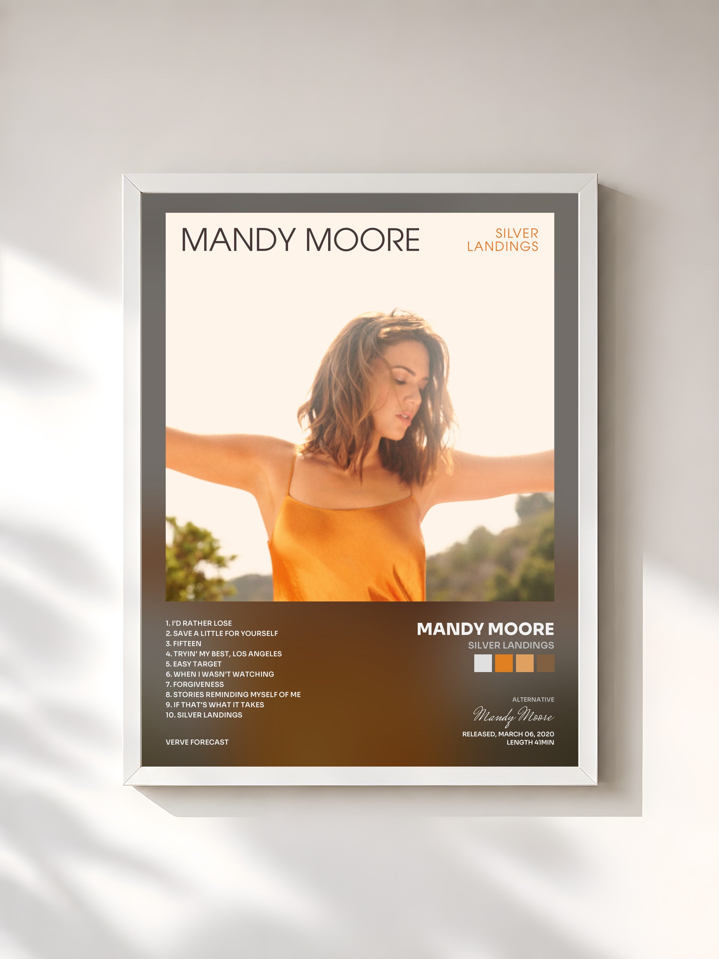 #blanc Tableau de l'album Silver Landings de Mandy Moore, cadre blanc, imprimé et encadré en France