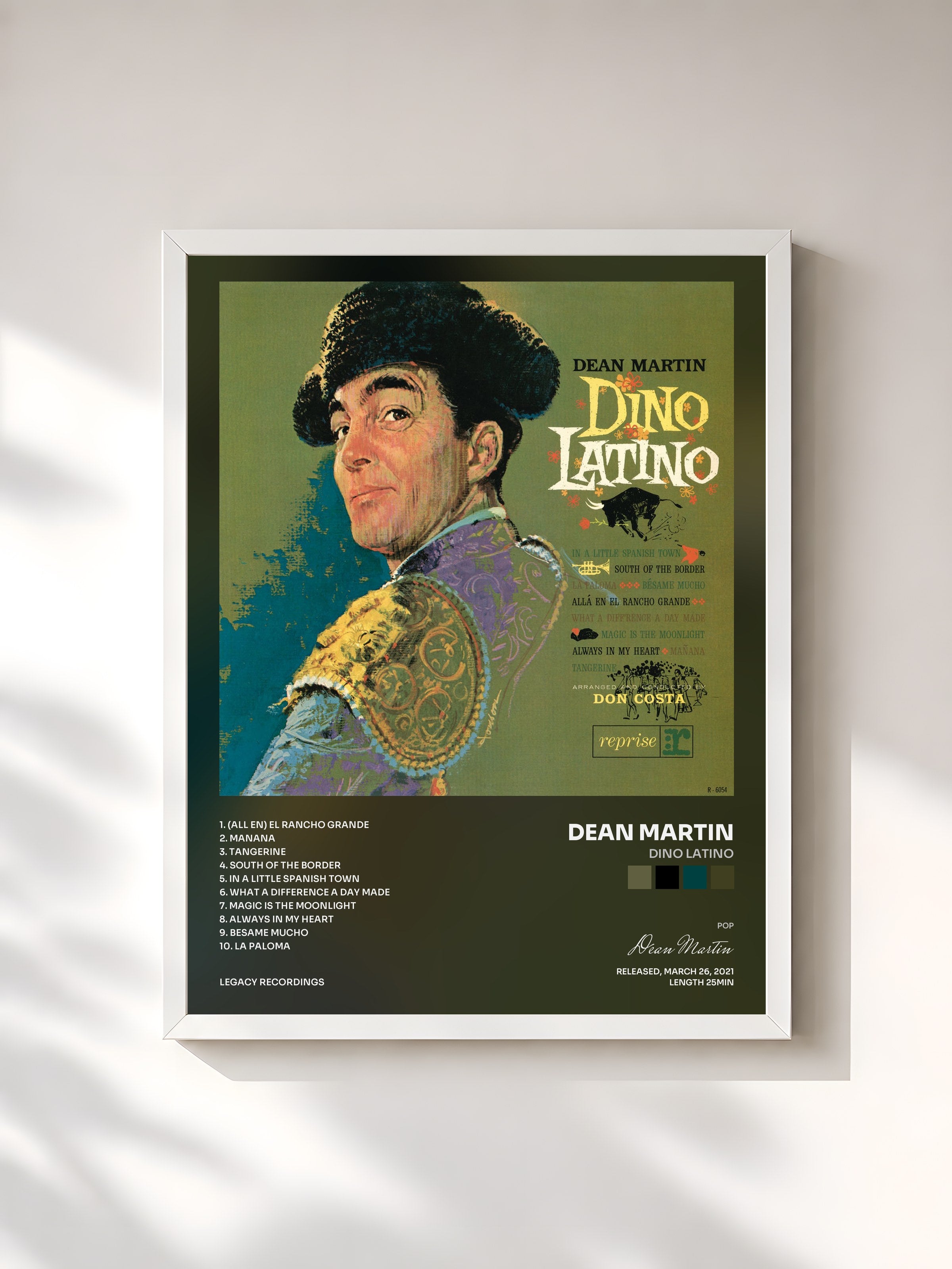 #blanc Tableau de l'album Dino Latino de Dean Martin, cadre blanc, imprimé et encadré en France