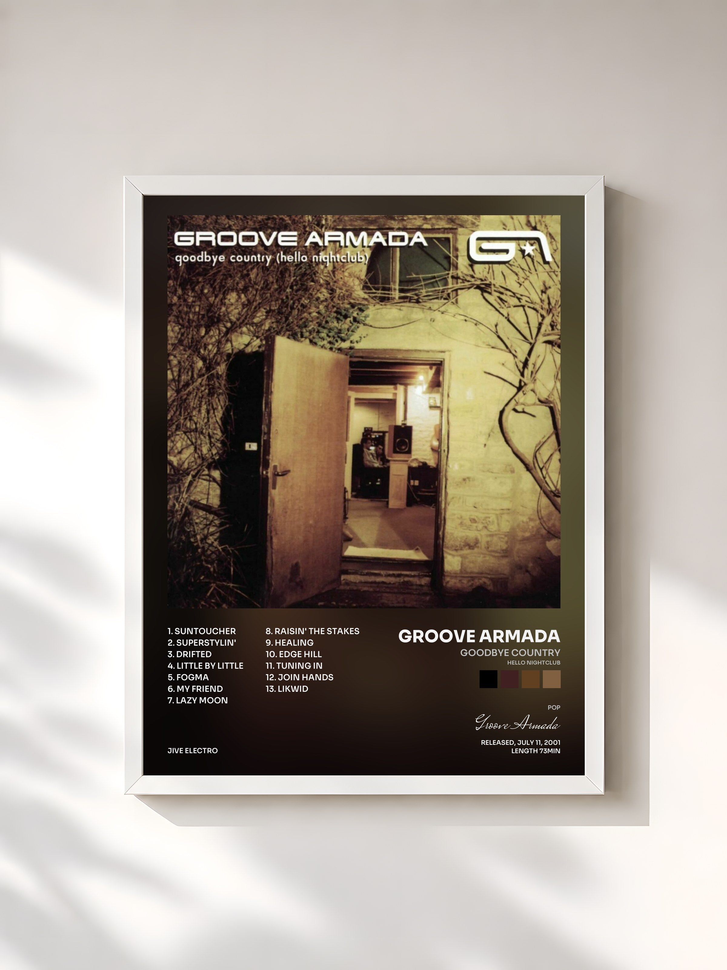 #blanc Tableau de l'album Goodbye Country (Hello Nightclub) de Groove Armada, cadre blanc, imprimé et encadré en France
