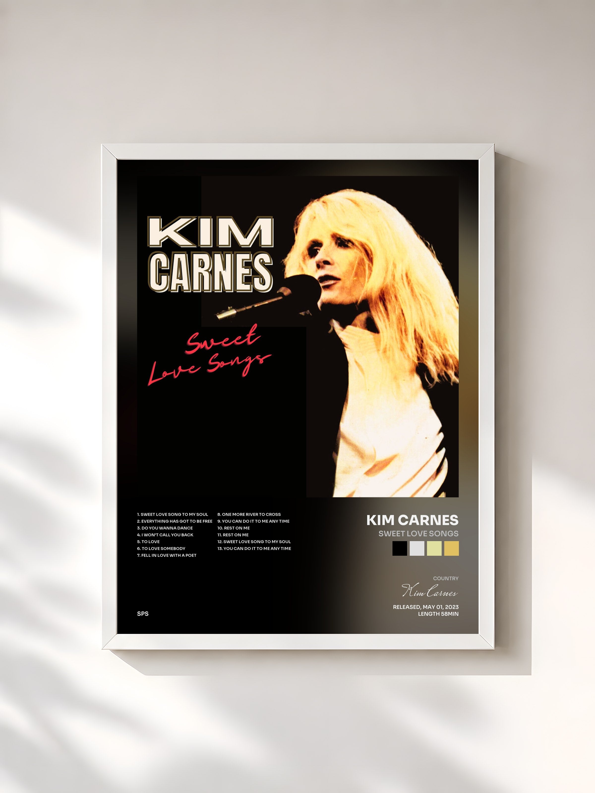 #blanc Tableau de l'album Sweet Love Songs de Kim Carnes, cadre blanc, imprimé et encadré en France