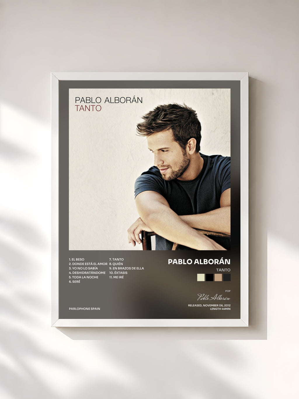 #blanc Tableau de l'album Tanto de Pablo Alborán, cadre blanc, imprimé et encadré en France