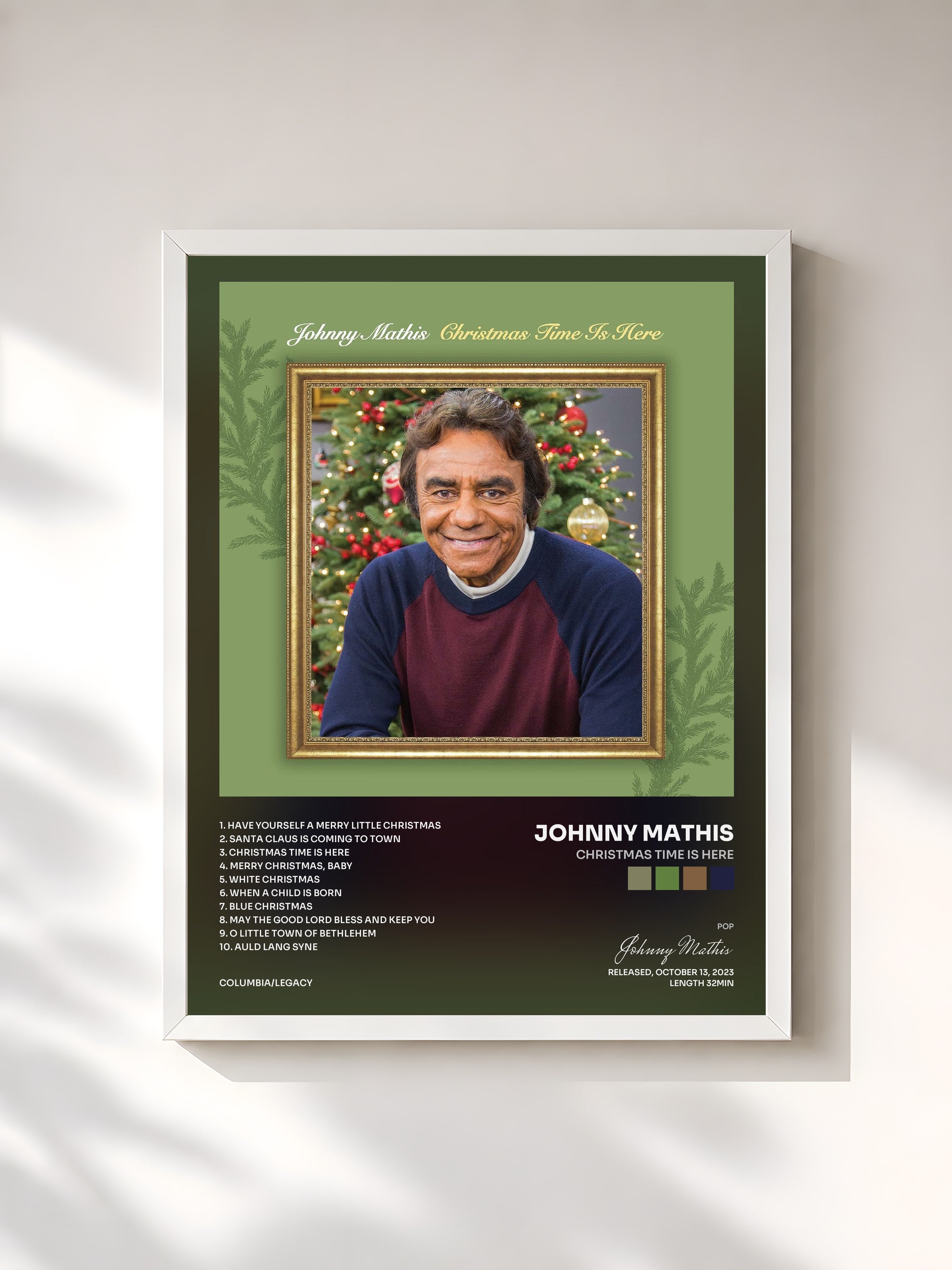 #blanc Tableau de l'album Christmas Time Is Here de Johnny Mathis, cadre blanc, imprimé et encadré en France