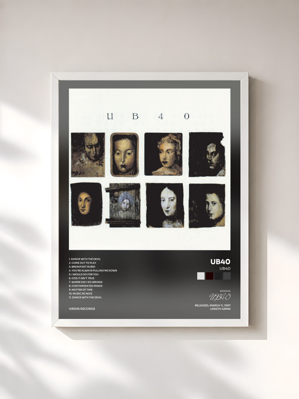 #blanc Tableau de l'album UB40 de UB40, cadre blanc, imprimé et encadré en France