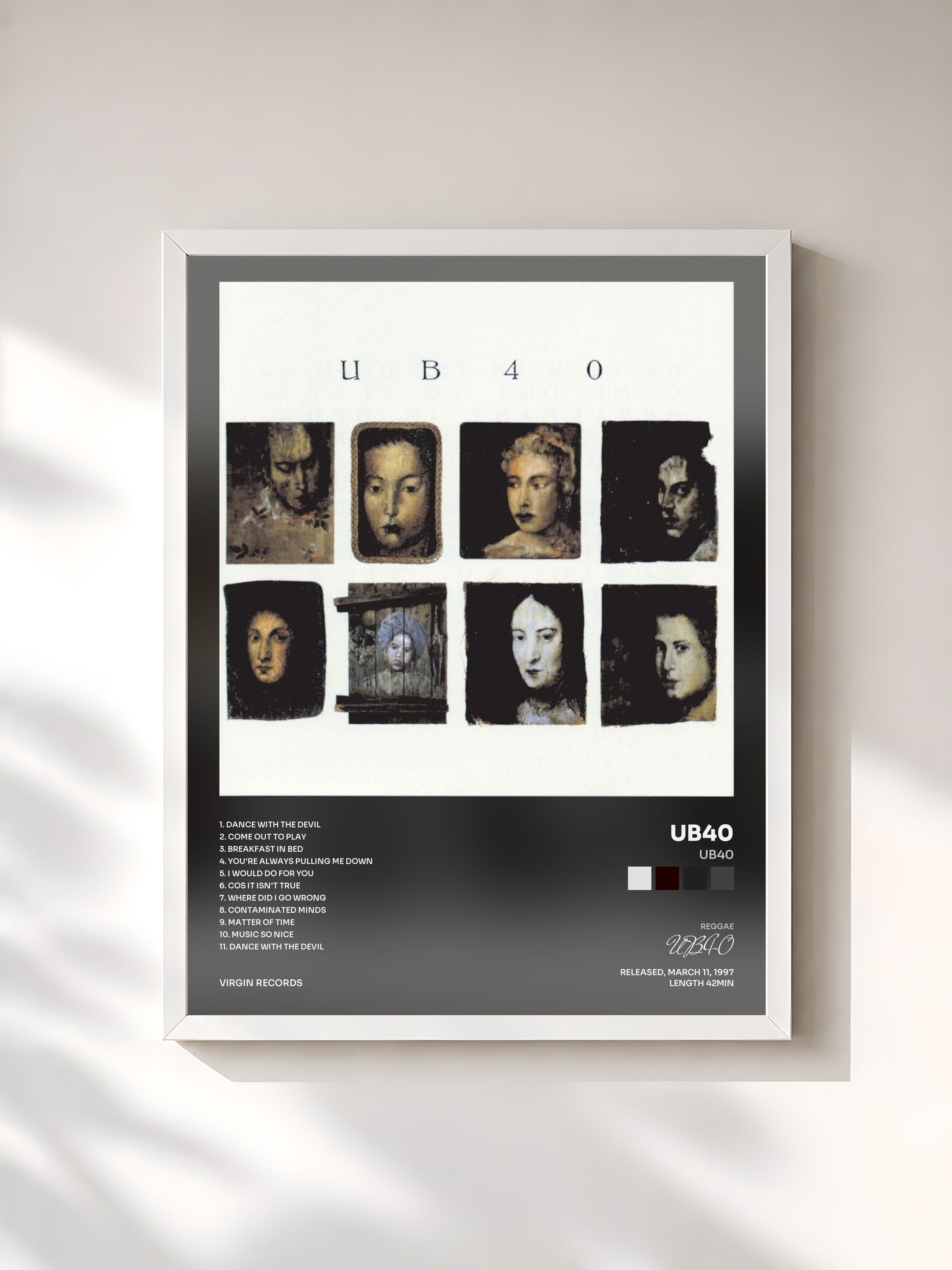#blanc Tableau de l'album UB40 de UB40, cadre blanc, imprimé et encadré en France