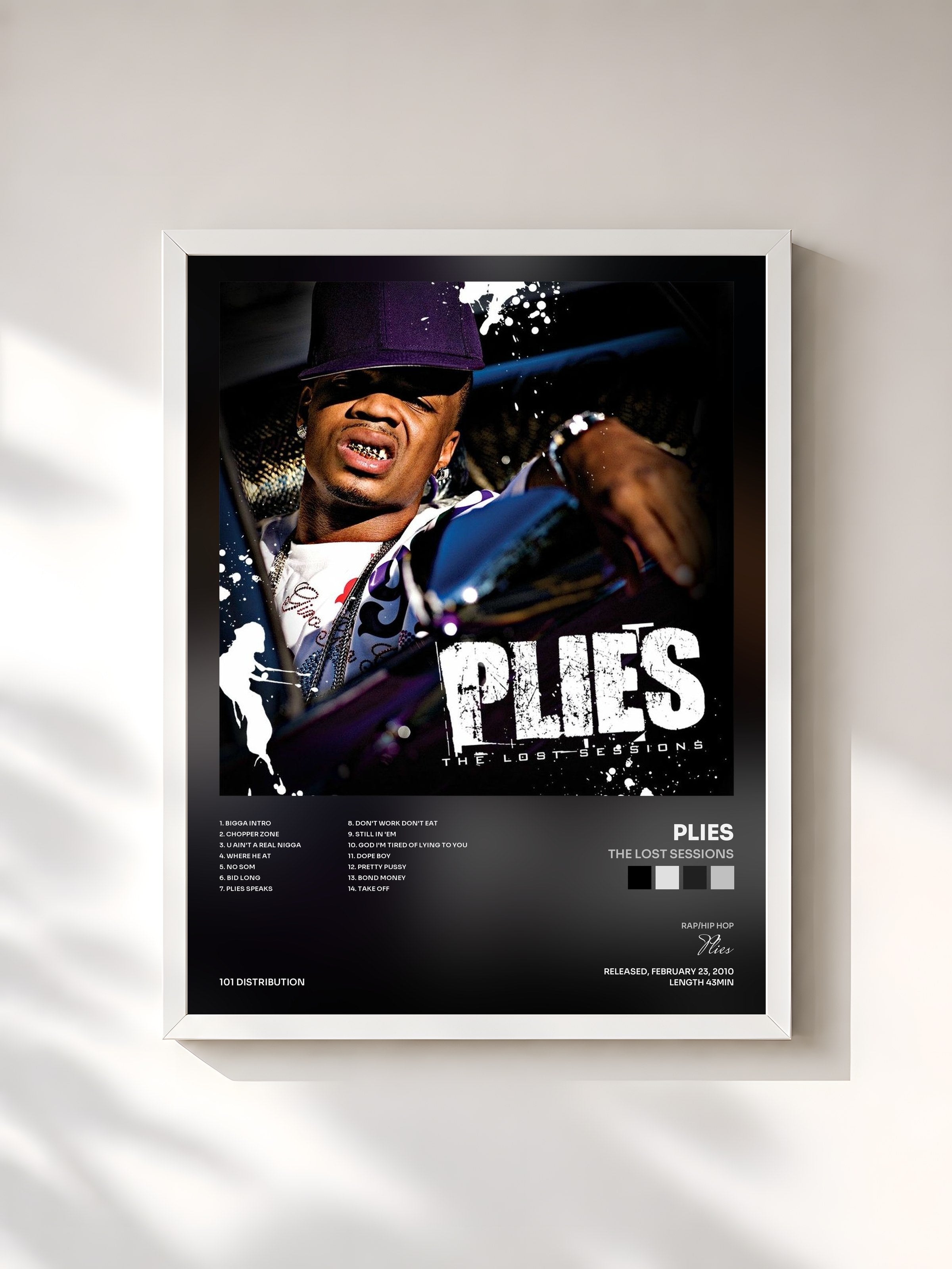 #blanc Tableau de l'album The Lost Sessions de Plies, cadre blanc, imprimé et encadré en France
