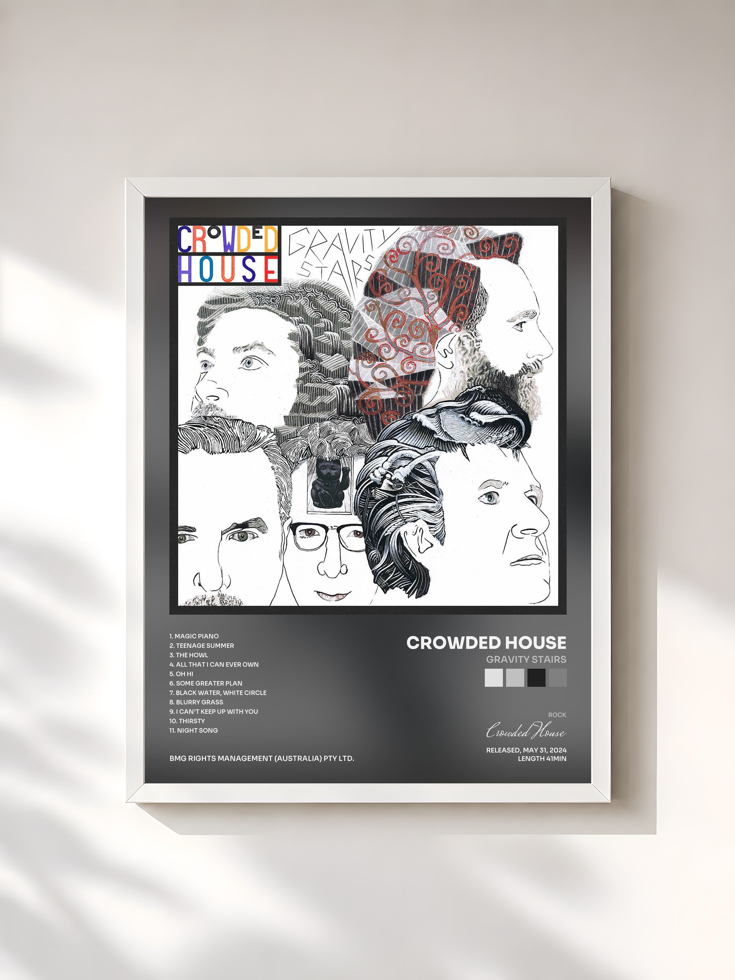 #blanc Tableau de l'album Gravity Stairs de Crowded House, cadre blanc, imprimé et encadré en France