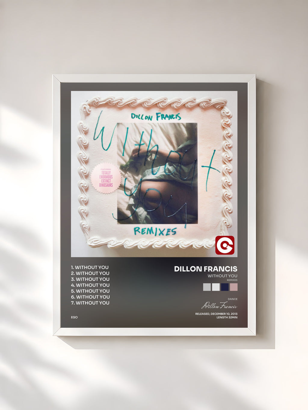#blanc Tableau de l'album Without You (Remixes) de Dillon Francis, cadre blanc, imprimé et encadré en France