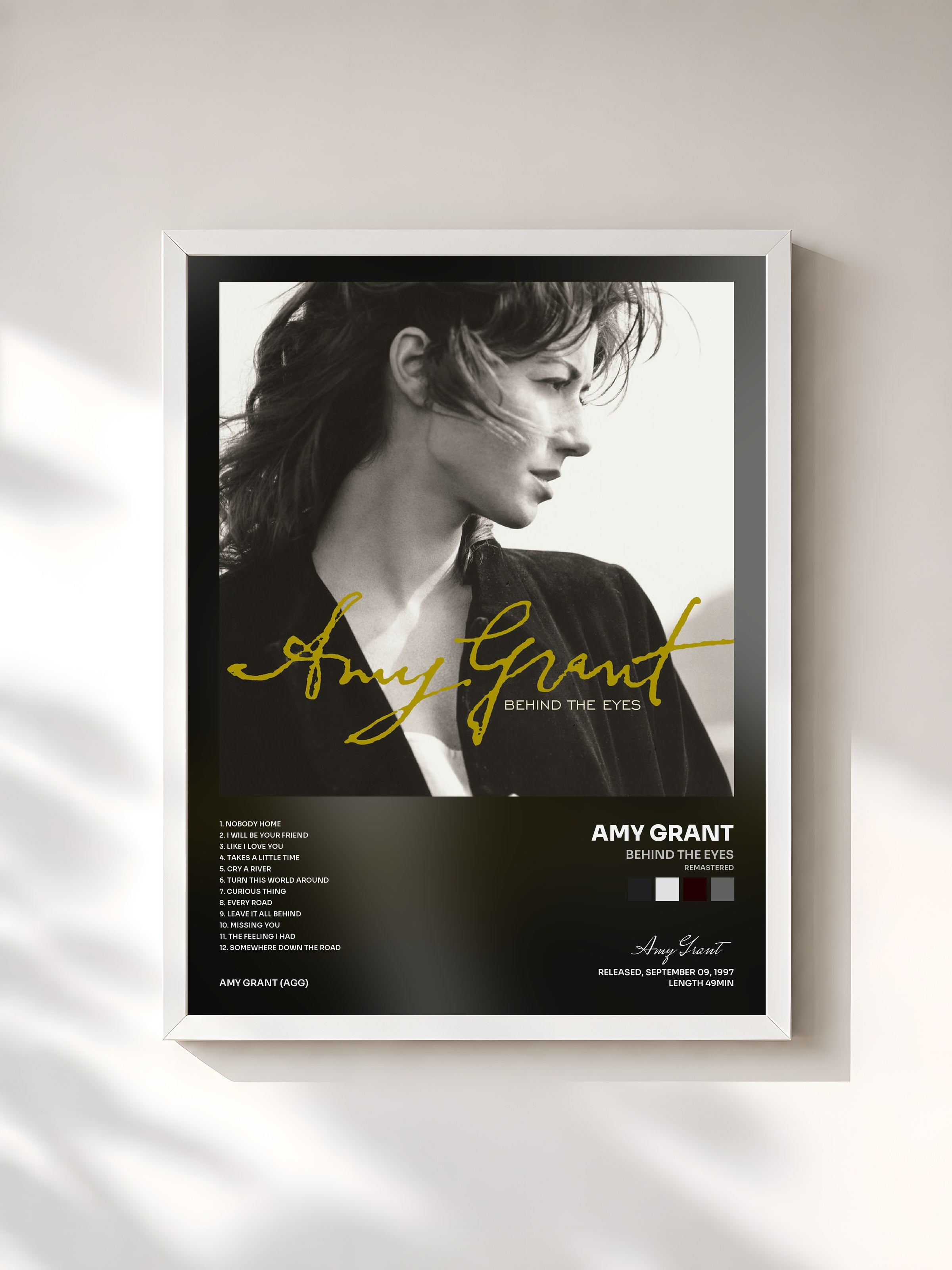 #blanc Tableau de l'album Behind The Eyes (Remastered) de Amy Grant, cadre blanc, imprimé et encadré en France