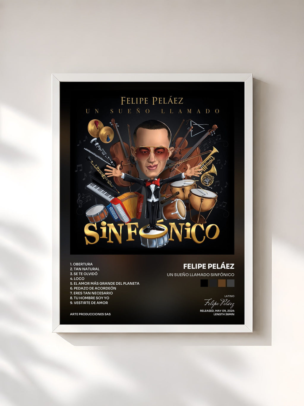 #blanc Tableau de l'album Un Sueño Llamado Sinfónico de Felipe Peláez, cadre blanc, imprimé et encadré en France