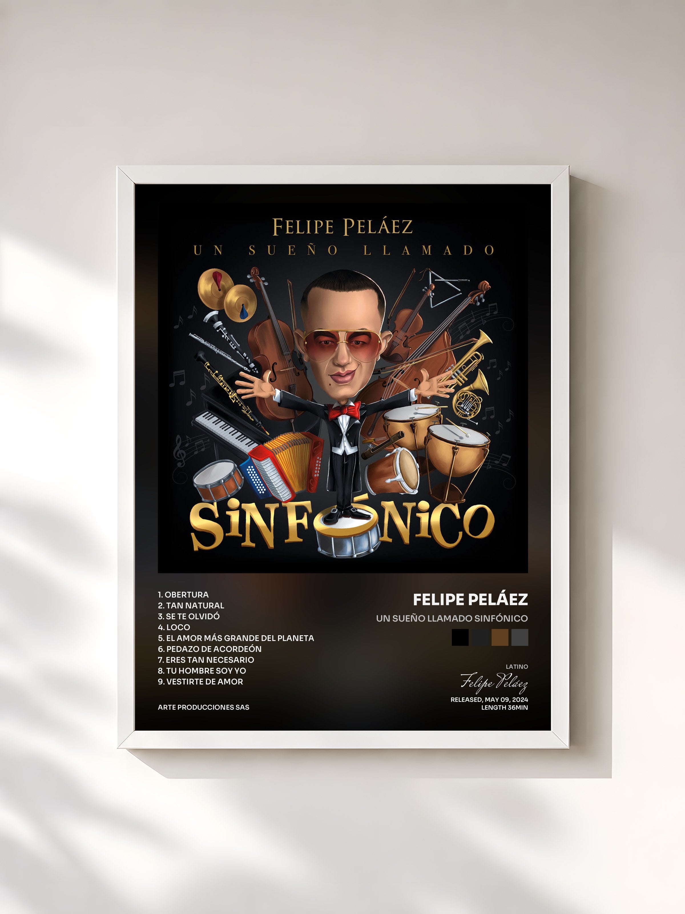 #blanc Tableau de l'album Un Sueño Llamado Sinfónico de Felipe Peláez, cadre blanc, imprimé et encadré en France