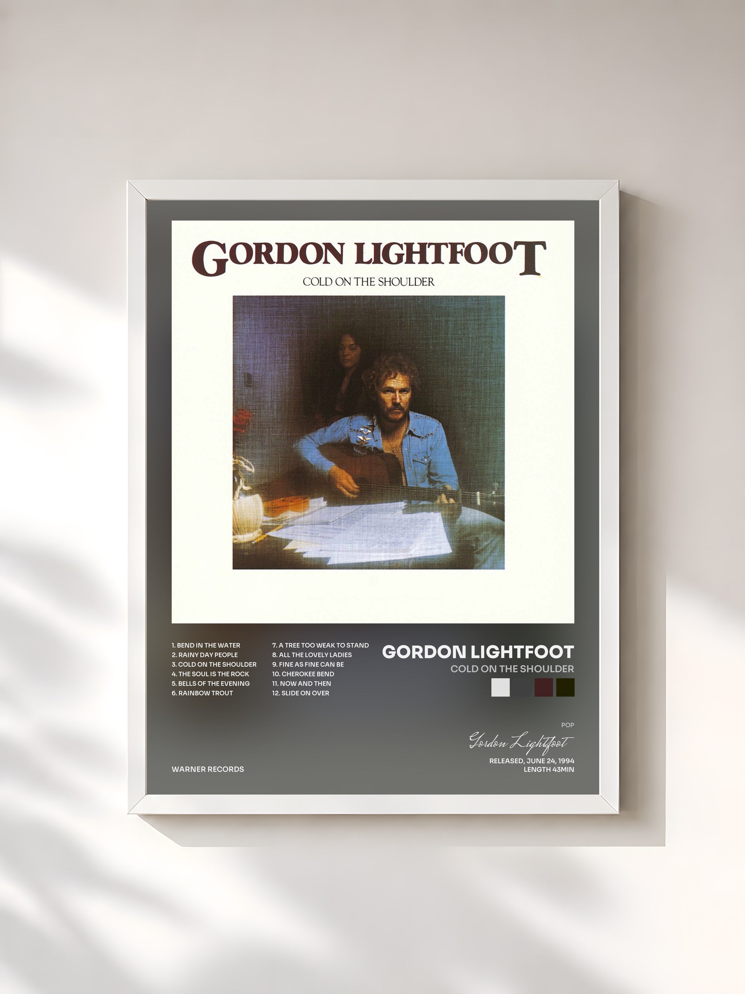 #blanc Tableau de l'album Cold on the Shoulder de Gordon Lightfoot, cadre blanc, imprimé et encadré en France