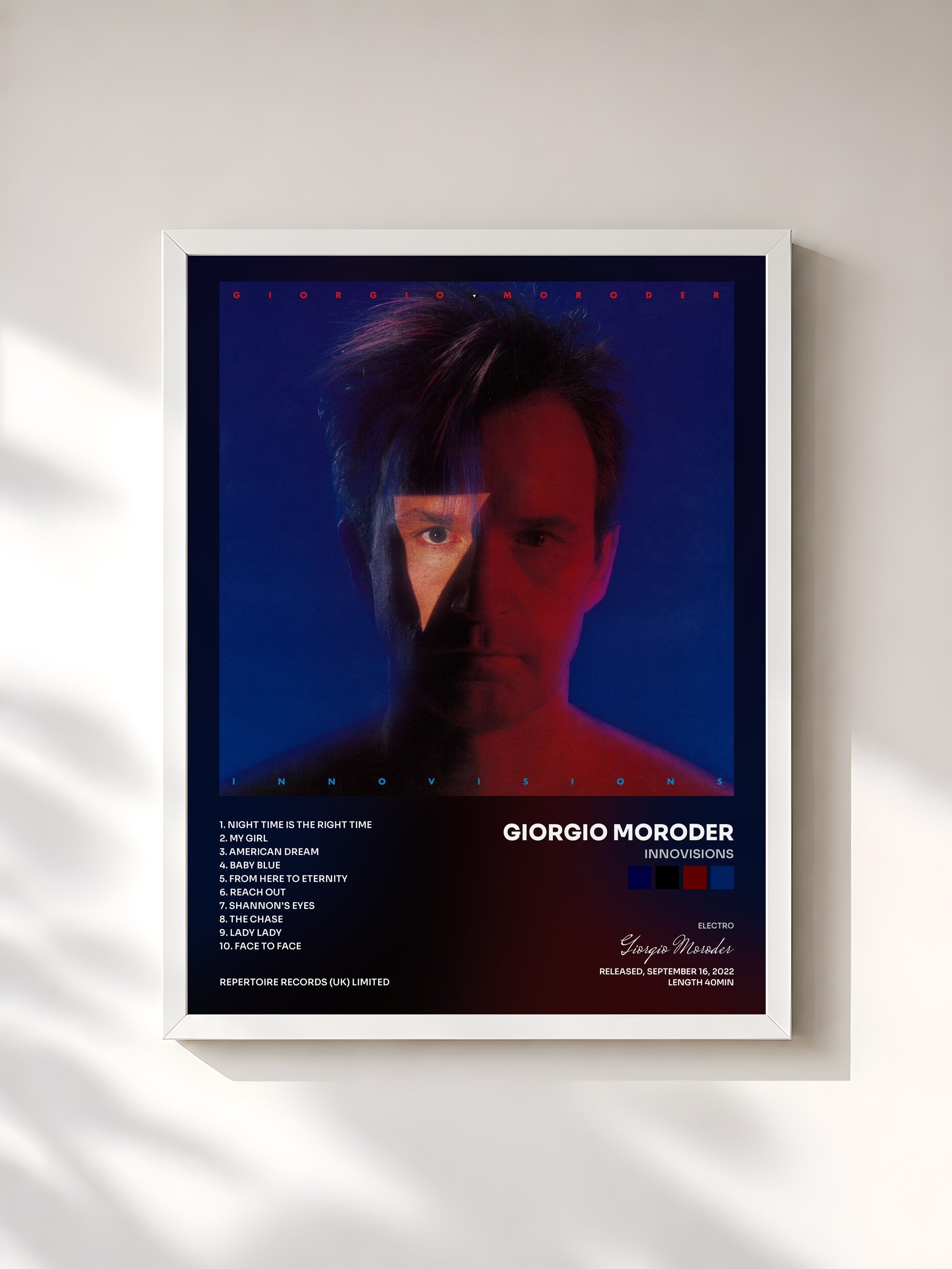 #blanc Tableau de l'album Innovisions de Giorgio Moroder, cadre blanc, imprimé et encadré en France