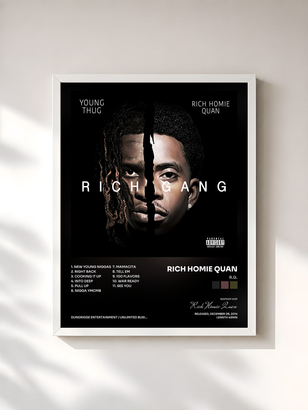 #blanc Tableau de l'album R.G. de Rich Homie Quan, cadre blanc, imprimé et encadré en France