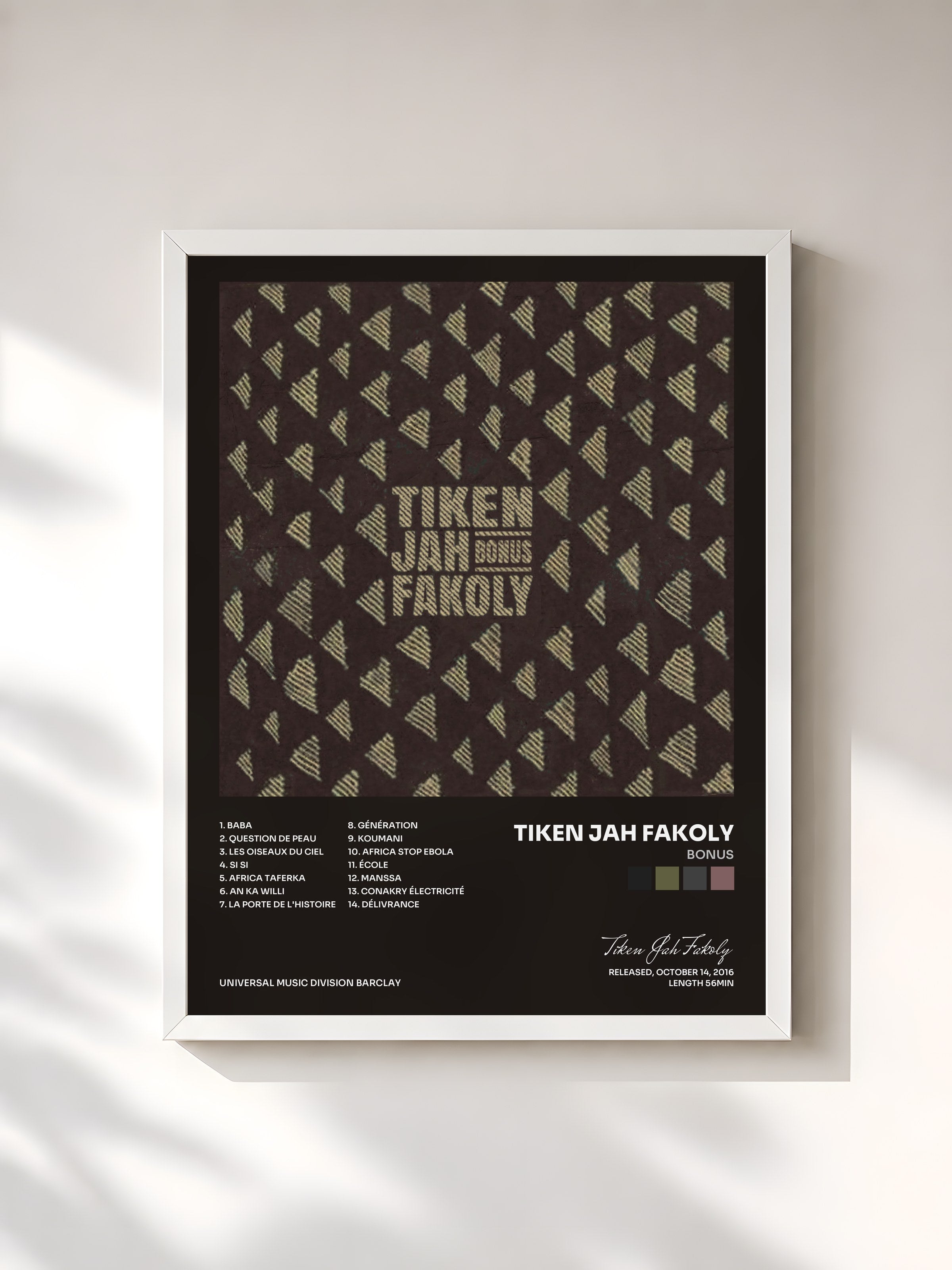 #blanc Tableau de l'album Bonus de Tiken Jah Fakoly, cadre blanc, imprimé et encadré en France
