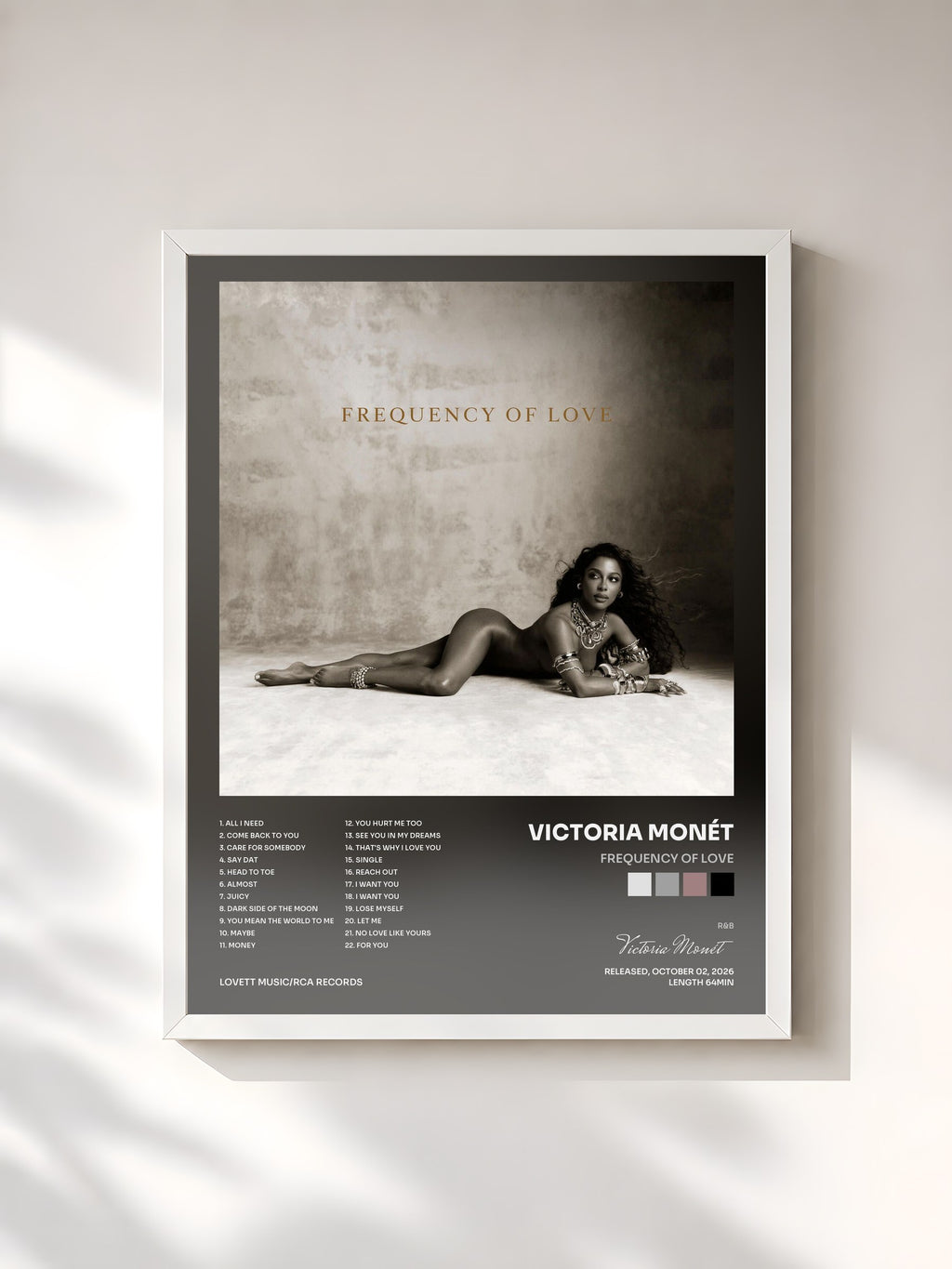 #blanc Tableau de l'album Frequency Of Love de Victoria Monét, cadre blanc, imprimé et encadré en France