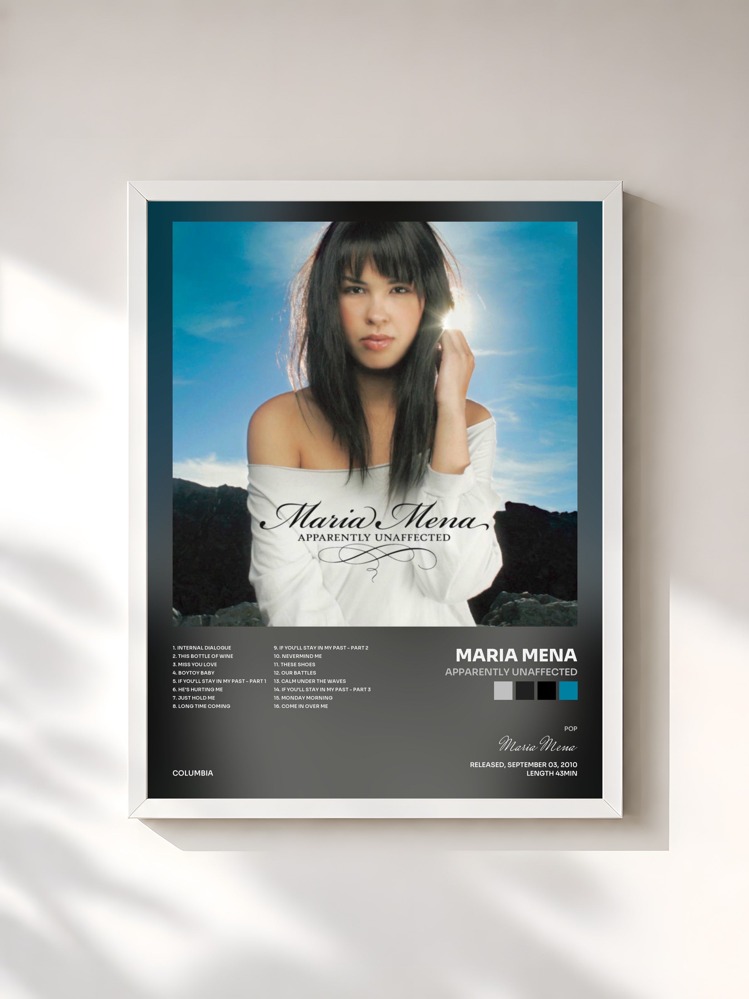 #blanc Tableau de l'album Apparently Unaffected de Maria Mena, cadre blanc, imprimé et encadré en France