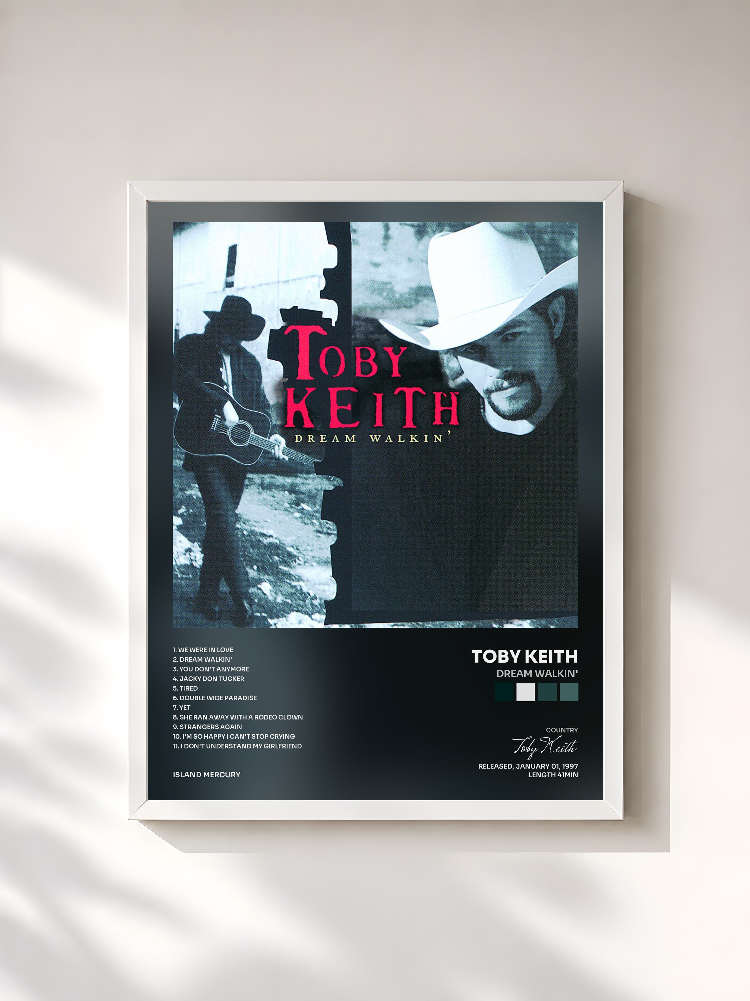 #blanc Tableau de l'album Dream Walkin' de Toby Keith, cadre blanc, imprimé et encadré en France