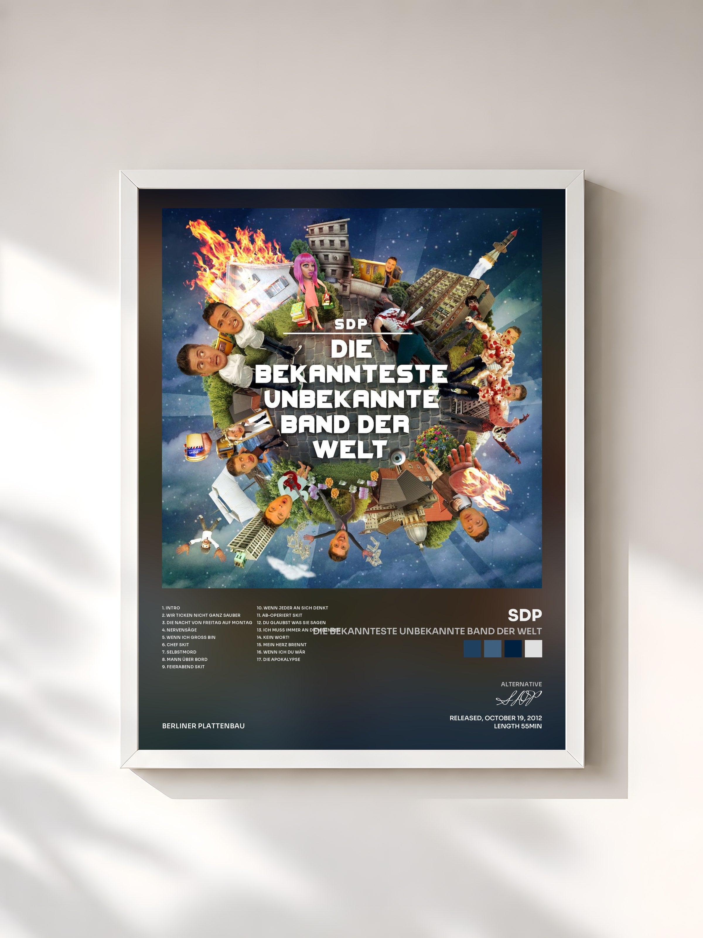 #blanc Tableau de l'album Die bekannteste unbekannte Band der Welt de SDP, cadre blanc, imprimé et encadré en France