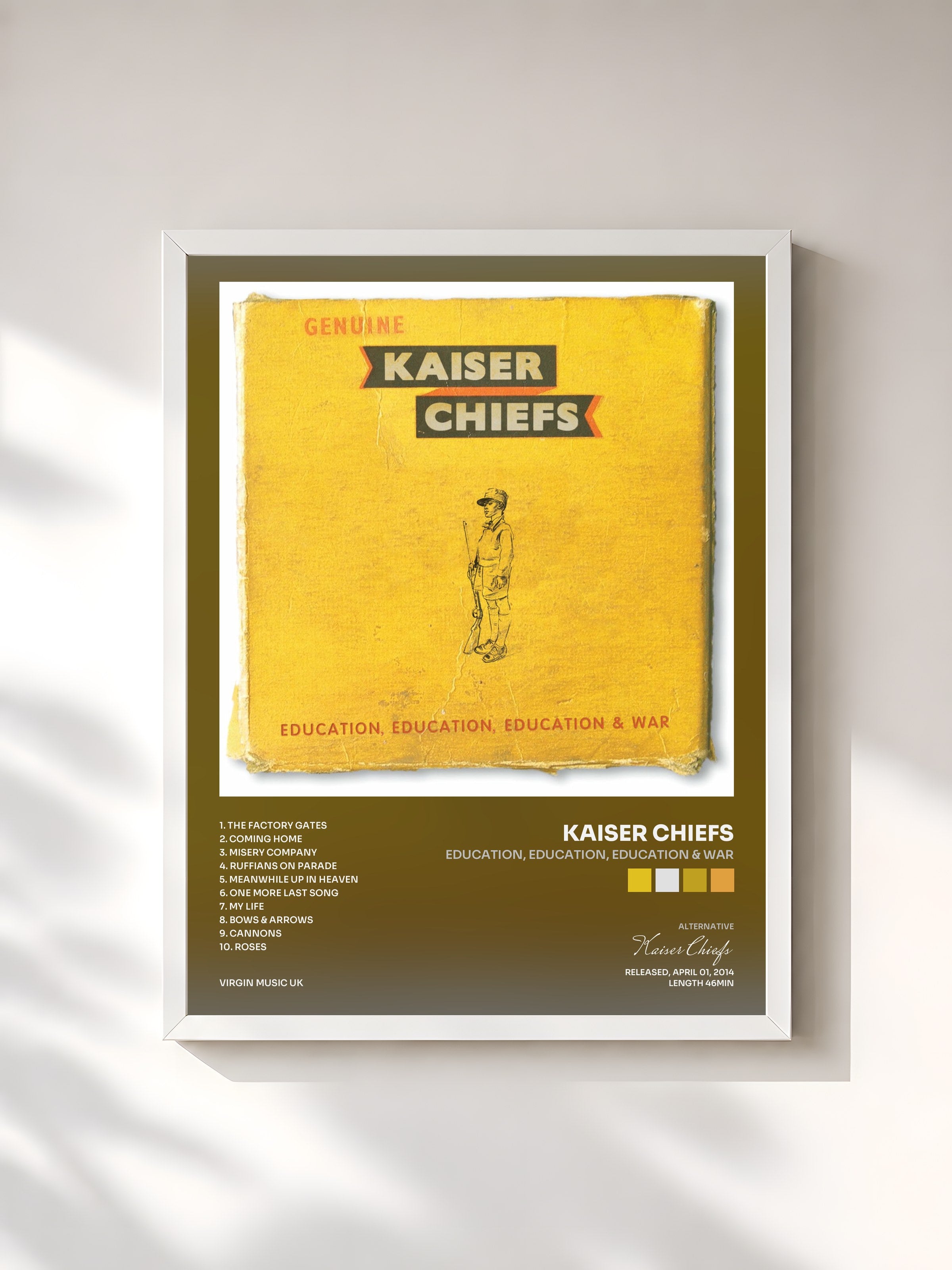 #blanc Tableau de l'album Education, Education, Education & War de Kaiser Chiefs, cadre blanc, imprimé et encadré en France