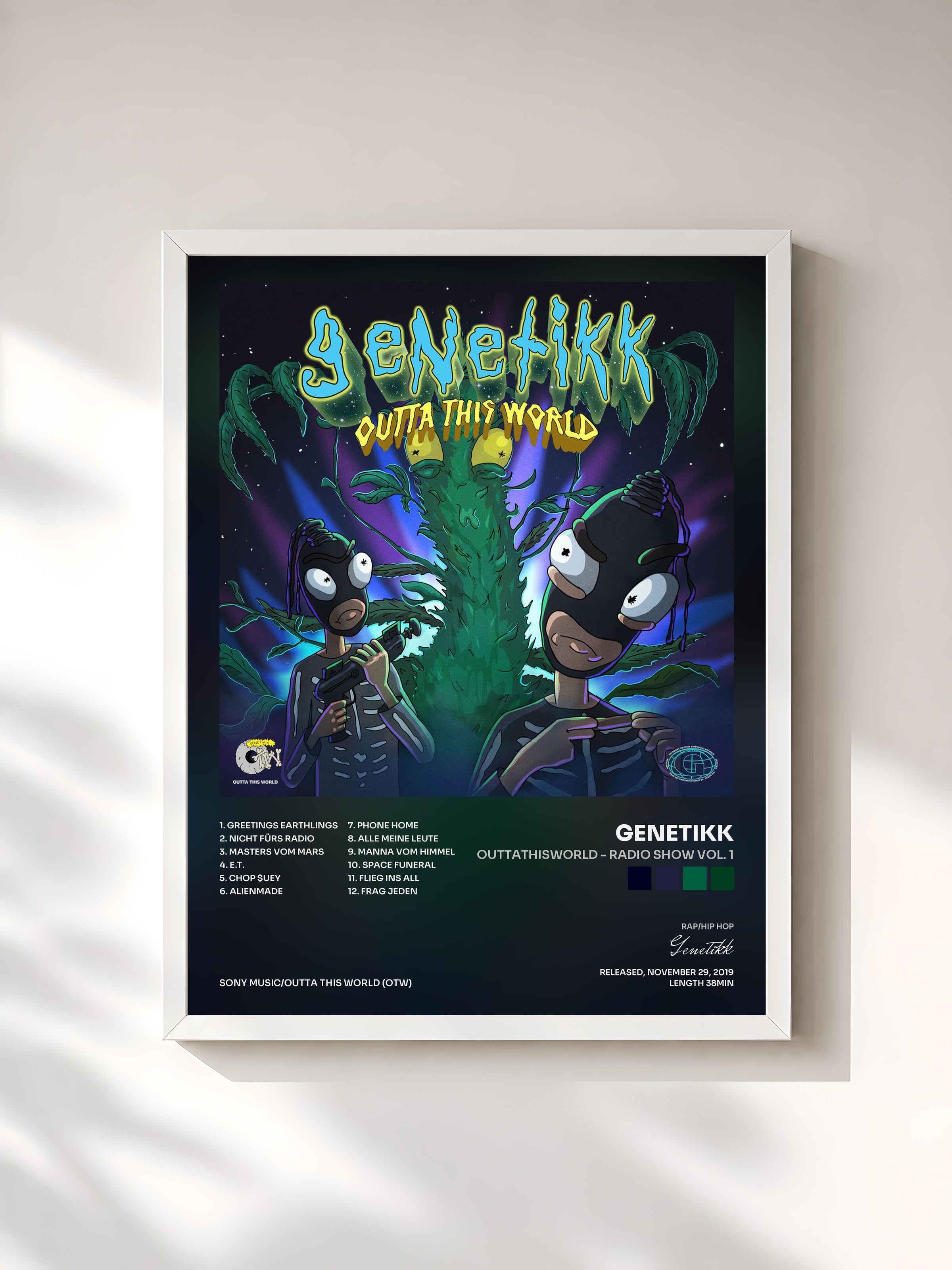 #blanc Tableau de l'album OUTTATHISWORLD - RADIO SHOW VOL. 1 de Genetikk, cadre blanc, imprimé et encadré en France