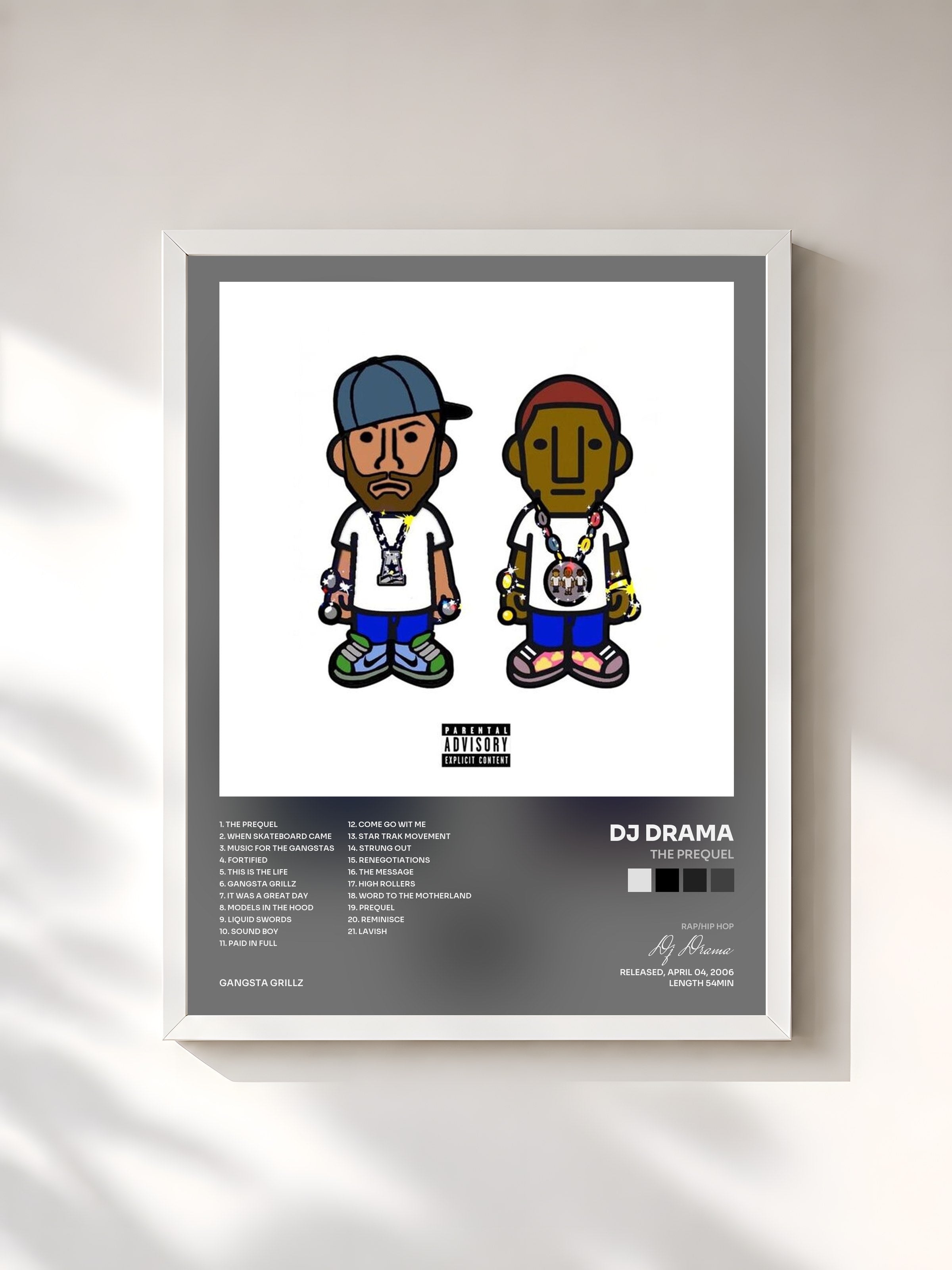#blanc Tableau de l'album The Prequel de Dj Drama, cadre blanc, imprimé et encadré en France