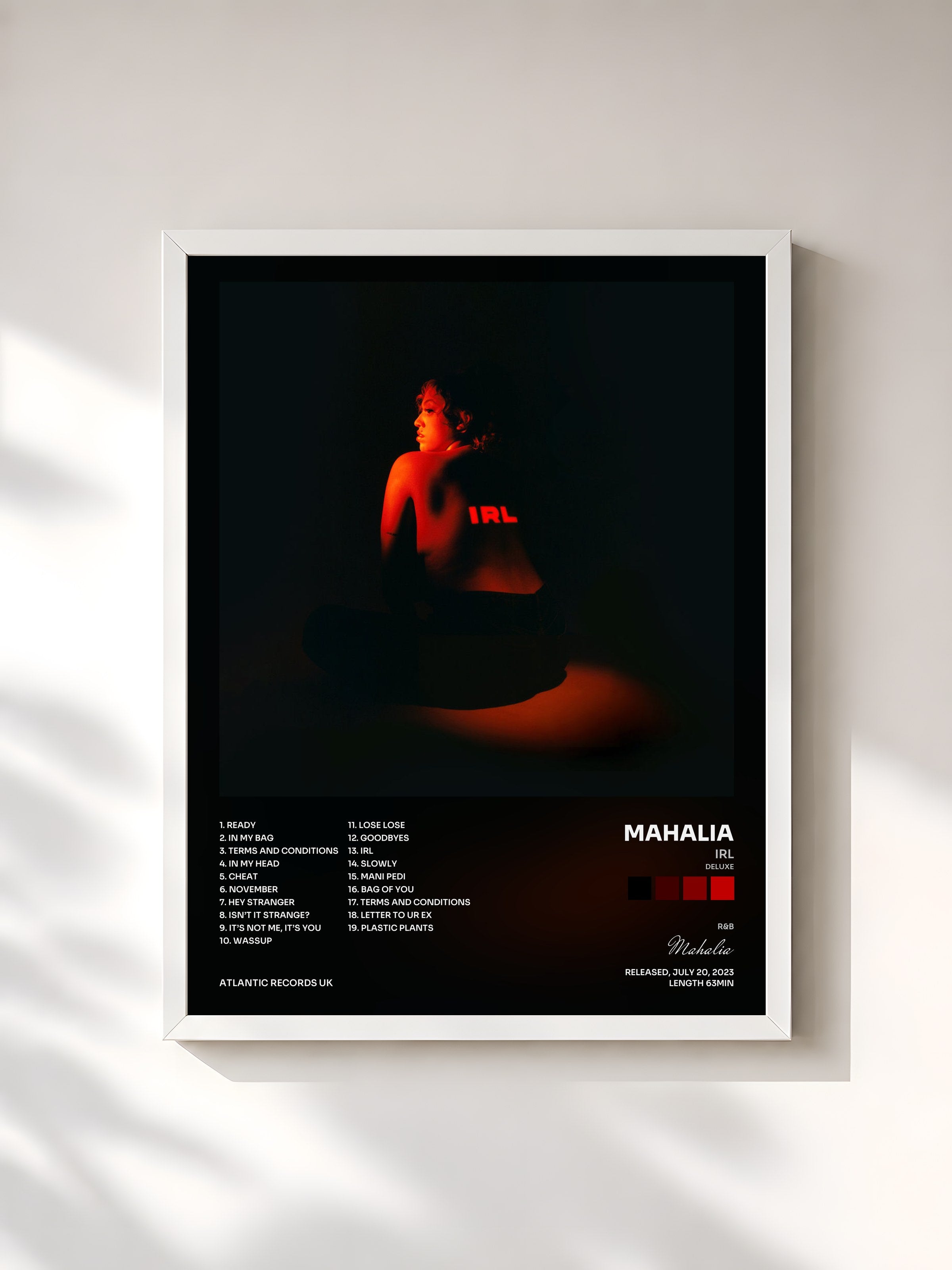 #blanc Tableau de l'album IRL (Deluxe) de Mahalia, cadre blanc, imprimé et encadré en France
