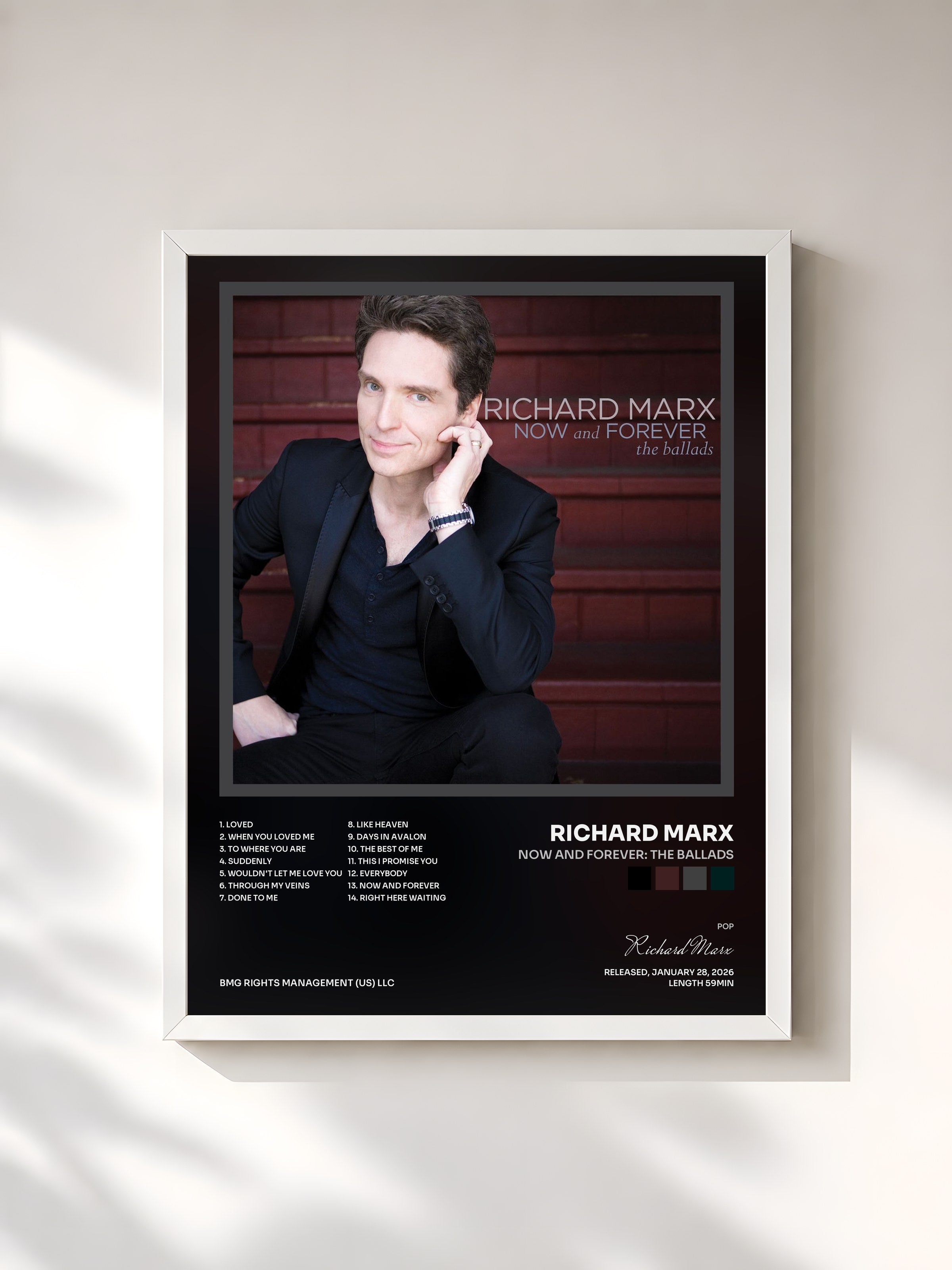 #blanc Tableau de l'album Now and Forever: The Ballads de Richard Marx, cadre blanc, imprimé et encadré en France