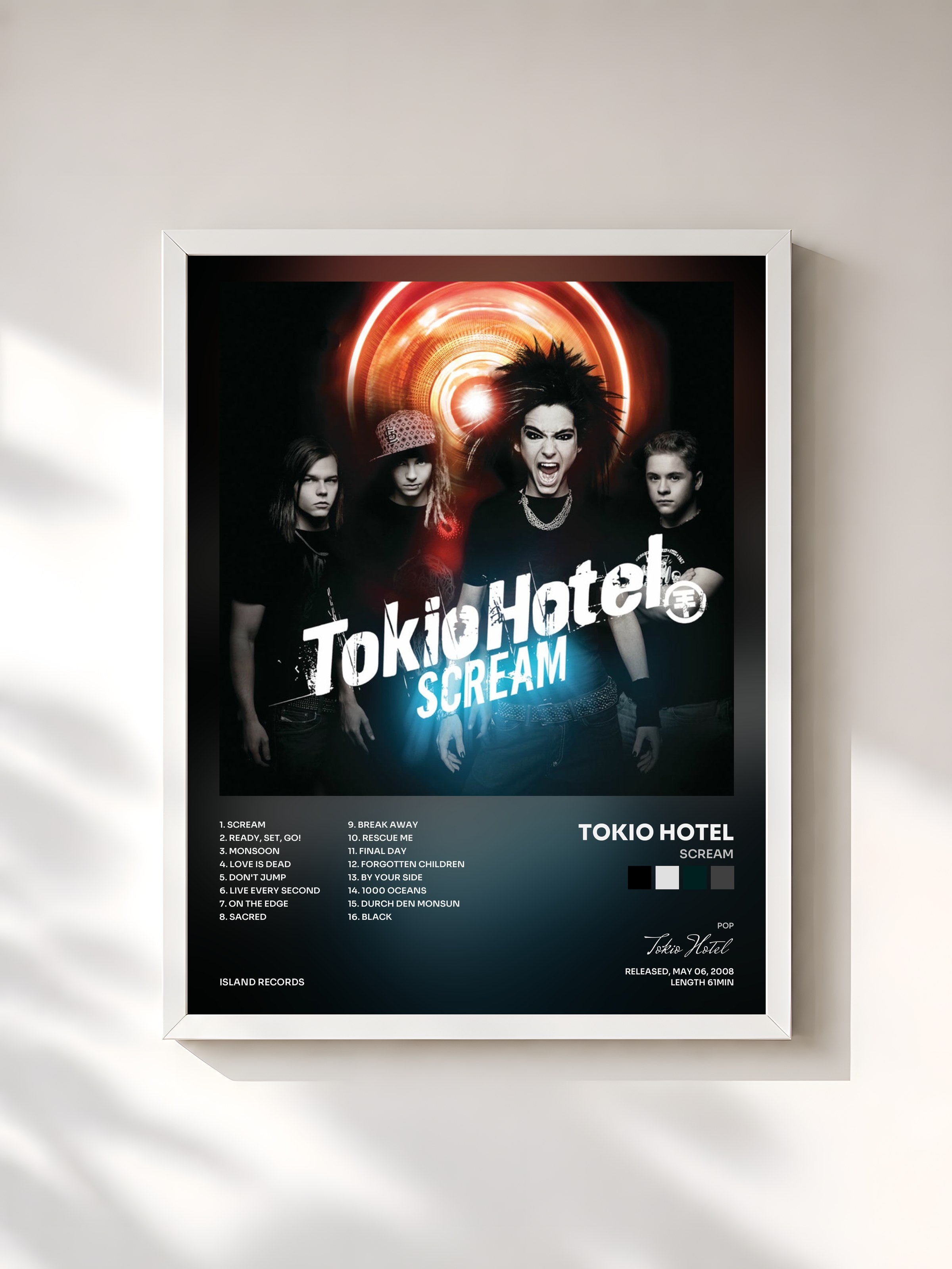 #blanc Tableau de l'album Scream de Tokio Hotel, cadre blanc, imprimé et encadré en France