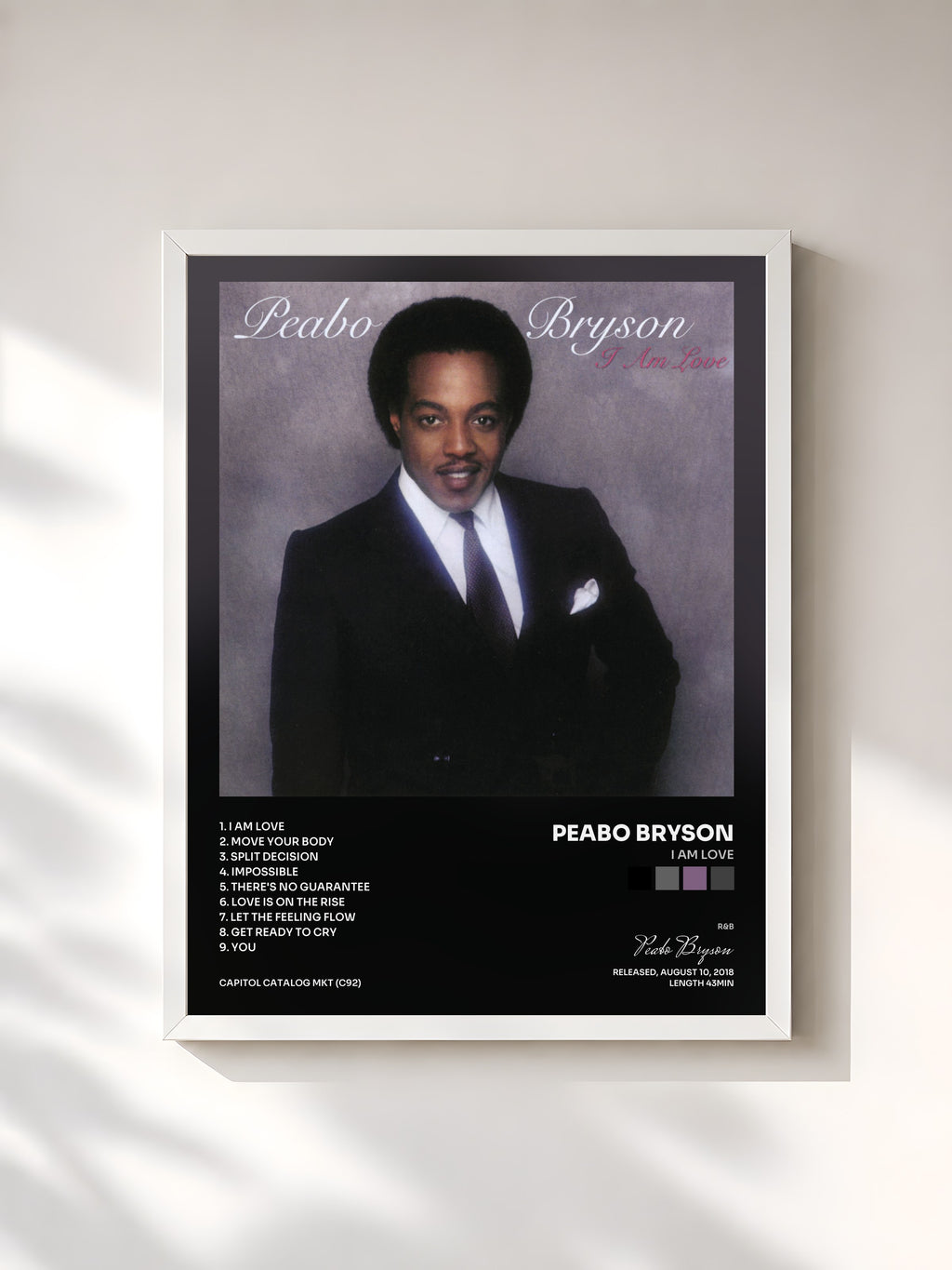 #blanc Tableau de l'album I Am Love de Peabo Bryson, cadre blanc, imprimé et encadré en France