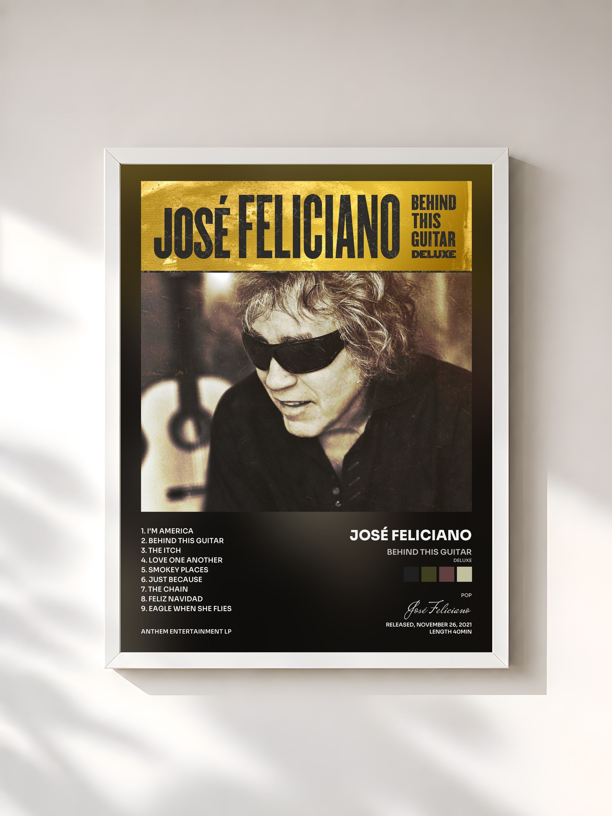 #blanc Tableau de l'album Behind This Guitar (Deluxe) de José Feliciano, cadre blanc, imprimé et encadré en France
