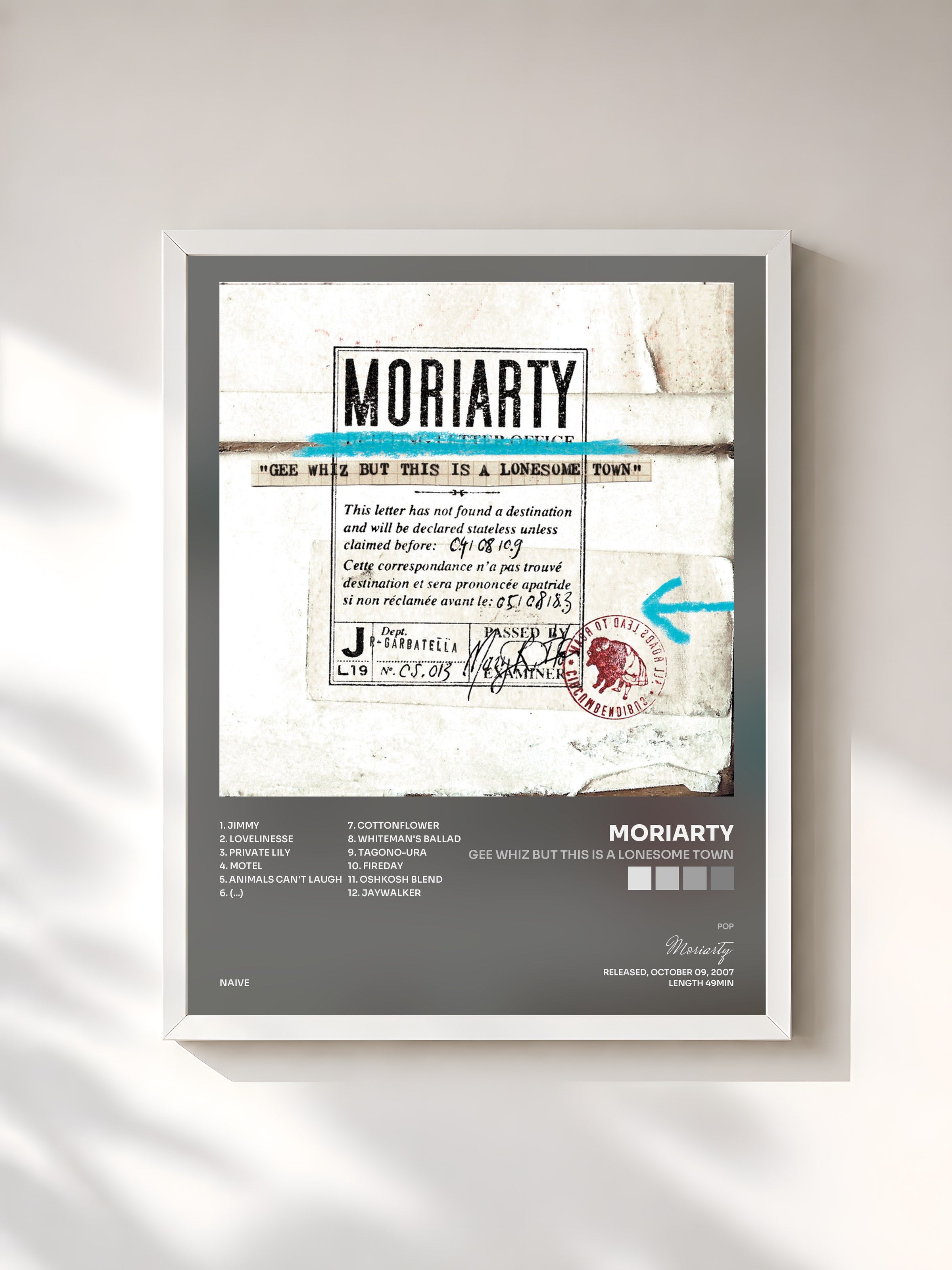#blanc Tableau de l'album Gee Whiz But This Is a Lonesome Town de Moriarty, cadre blanc, imprimé et encadré en France