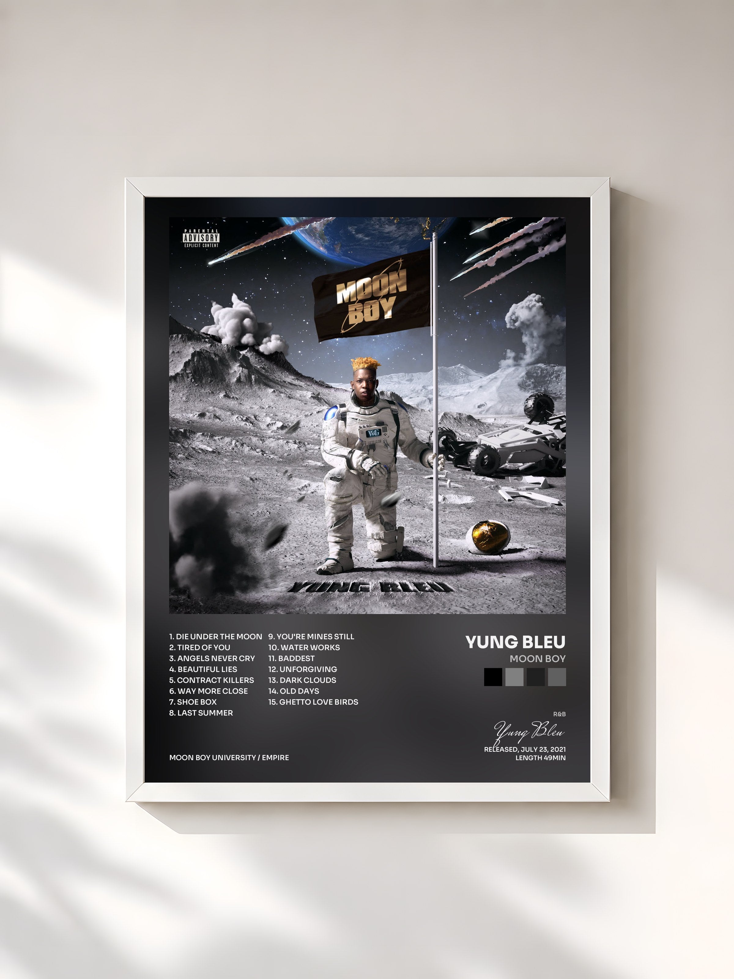 #blanc Tableau de l'album Moon Boy de Yung Bleu, cadre blanc, imprimé et encadré en France