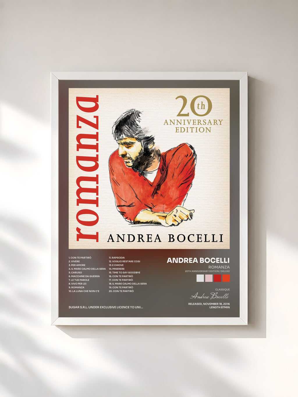 #blanc Tableau de l'album Romanza (20th Anniversary Edition / Deluxe) de Andrea Bocelli, cadre blanc, imprimé et encadré en France