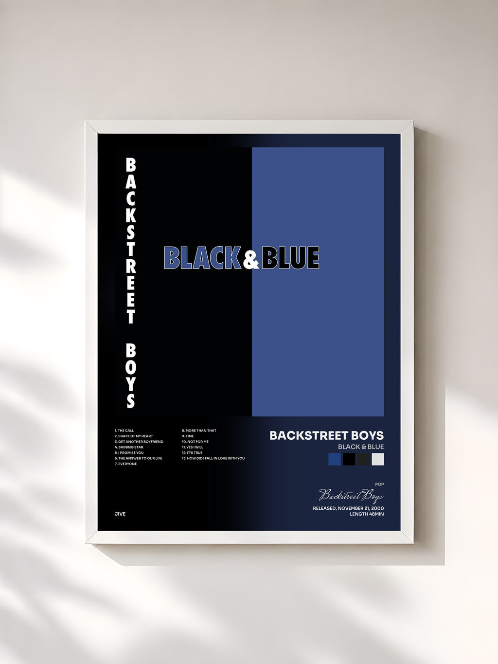 #blanc Tableau de l'album Black & Blue de Backstreet Boys, cadre blanc, imprimé et encadré en France