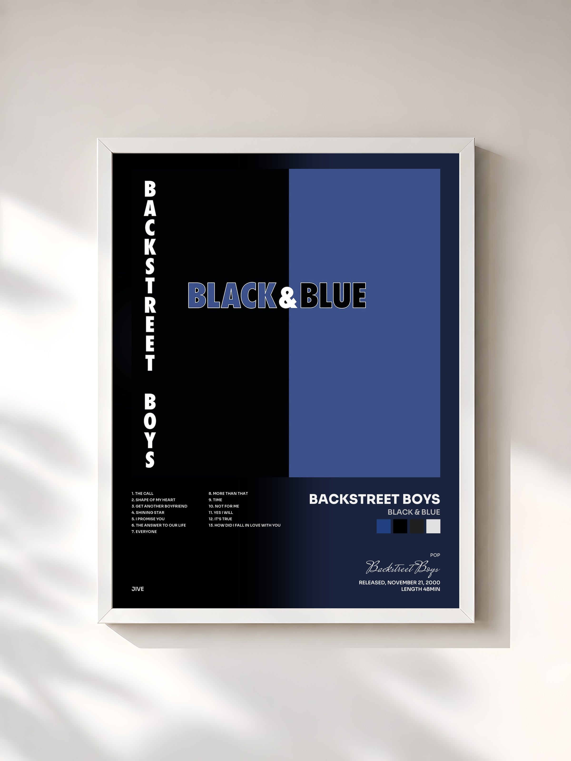 #blanc Tableau de l'album Black & Blue de Backstreet Boys, cadre blanc, imprimé et encadré en France
