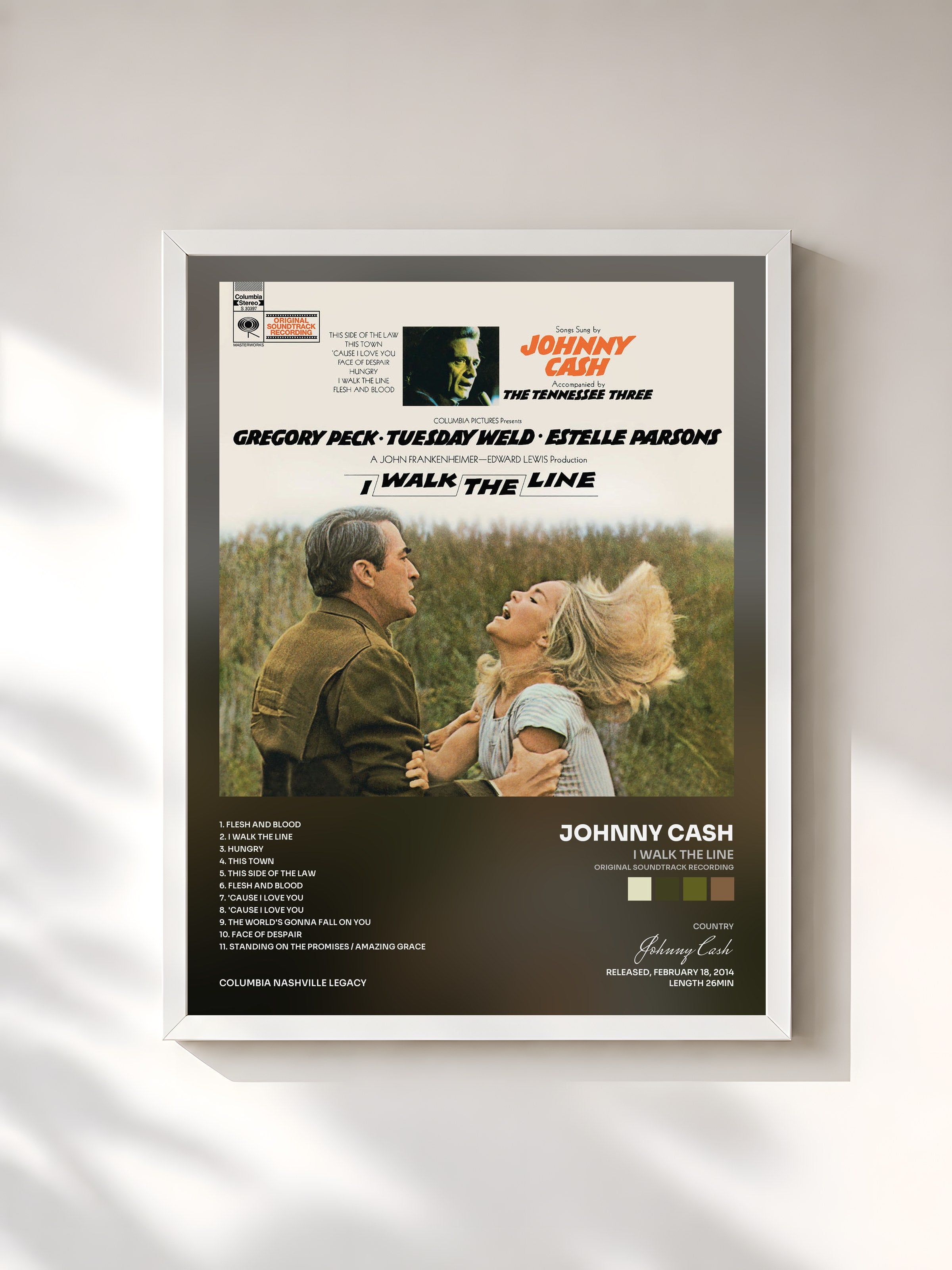 #blanc Tableau de l'album I Walk the Line (Original Soundtrack Recording) de Johnny Cash, cadre blanc, imprimé et encadré en France