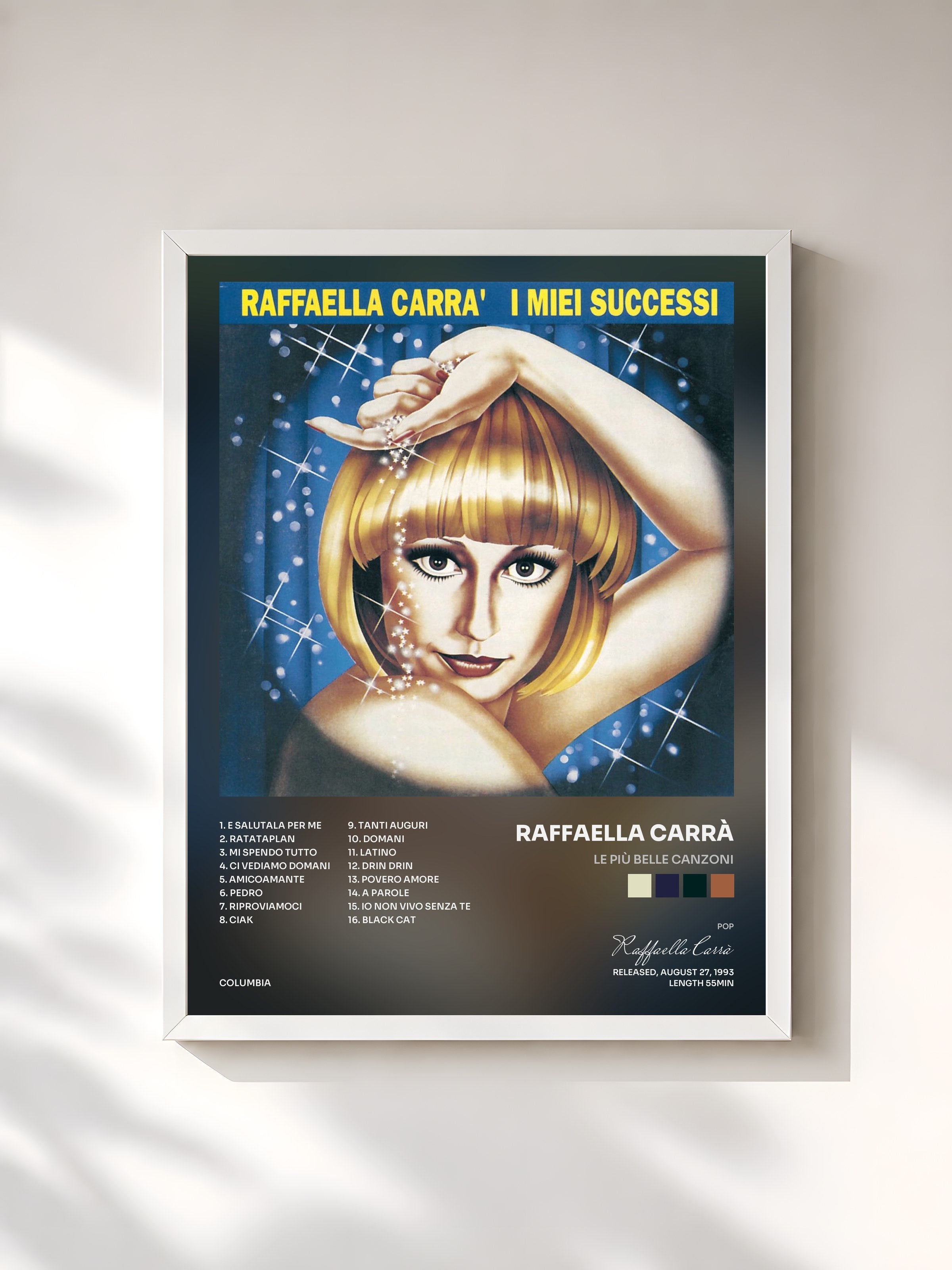 #blanc Tableau de l'album Le Più Belle Canzoni de Raffaella Carrà, cadre blanc, imprimé et encadré en France