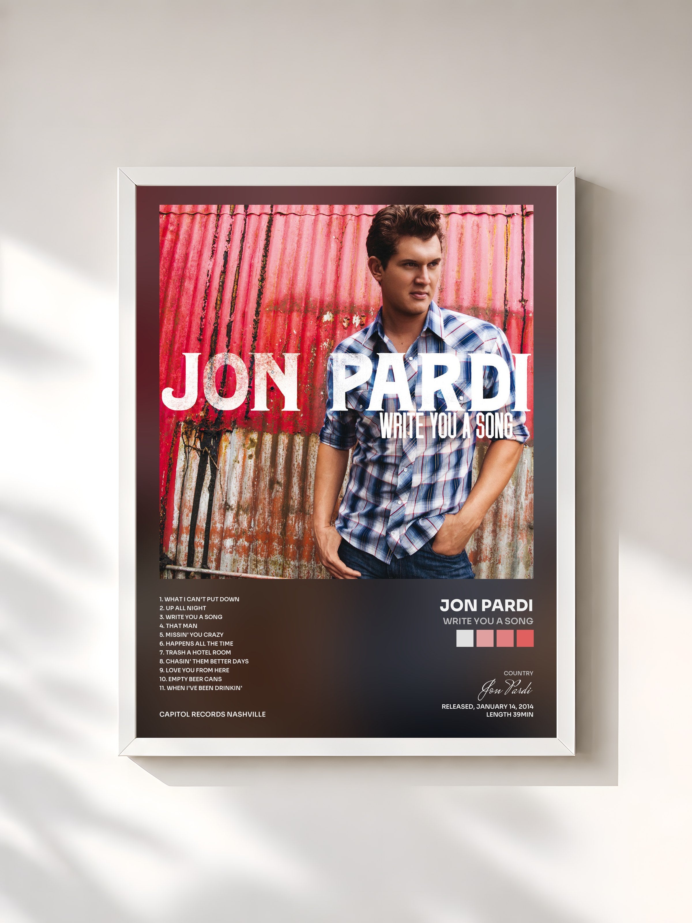 #blanc Tableau de l'album Write You A Song de Jon Pardi, cadre blanc, imprimé et encadré en France