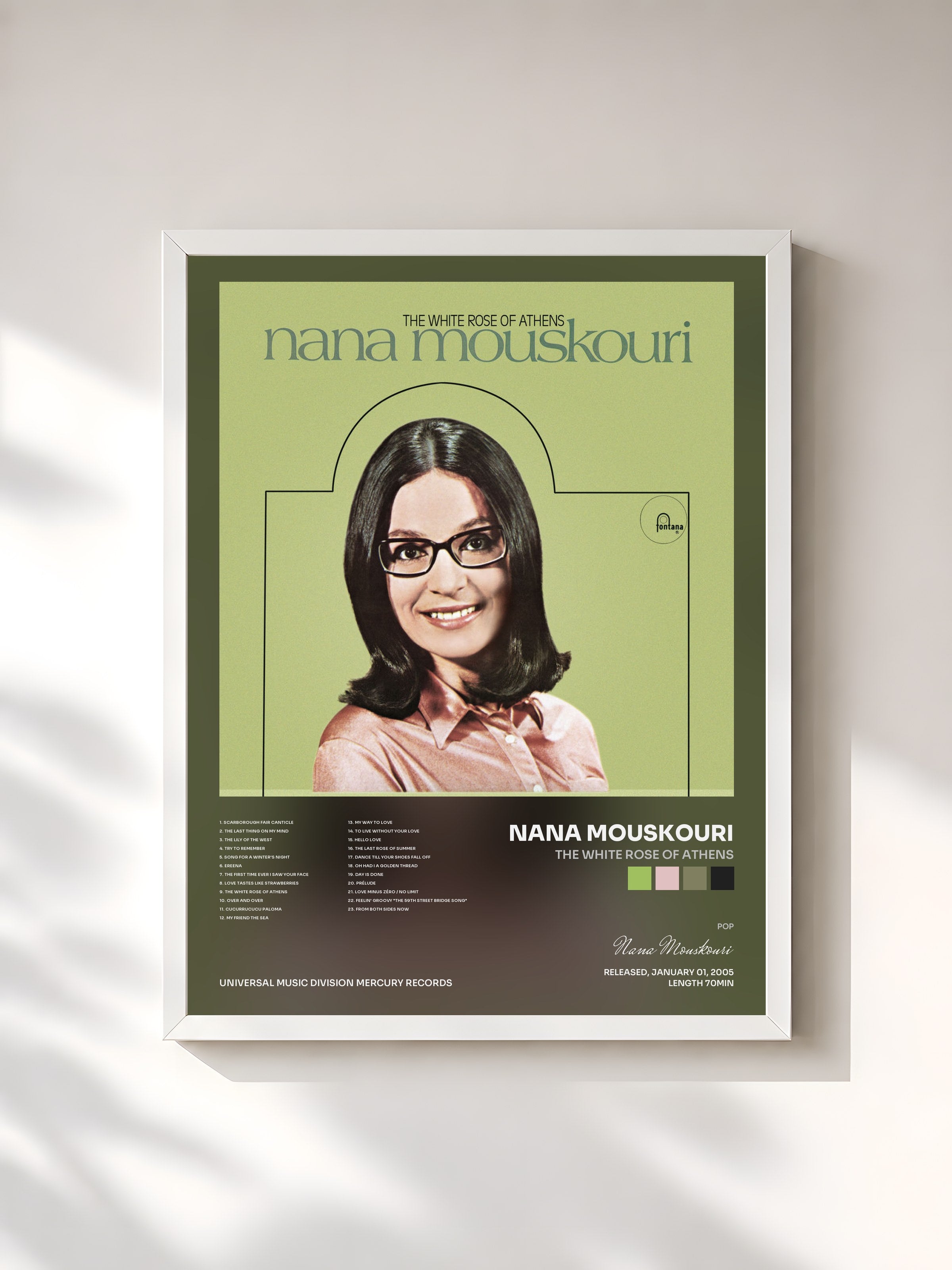 #blanc Tableau de l'album The White Rose Of Athens de Nana Mouskouri, cadre blanc, imprimé et encadré en France