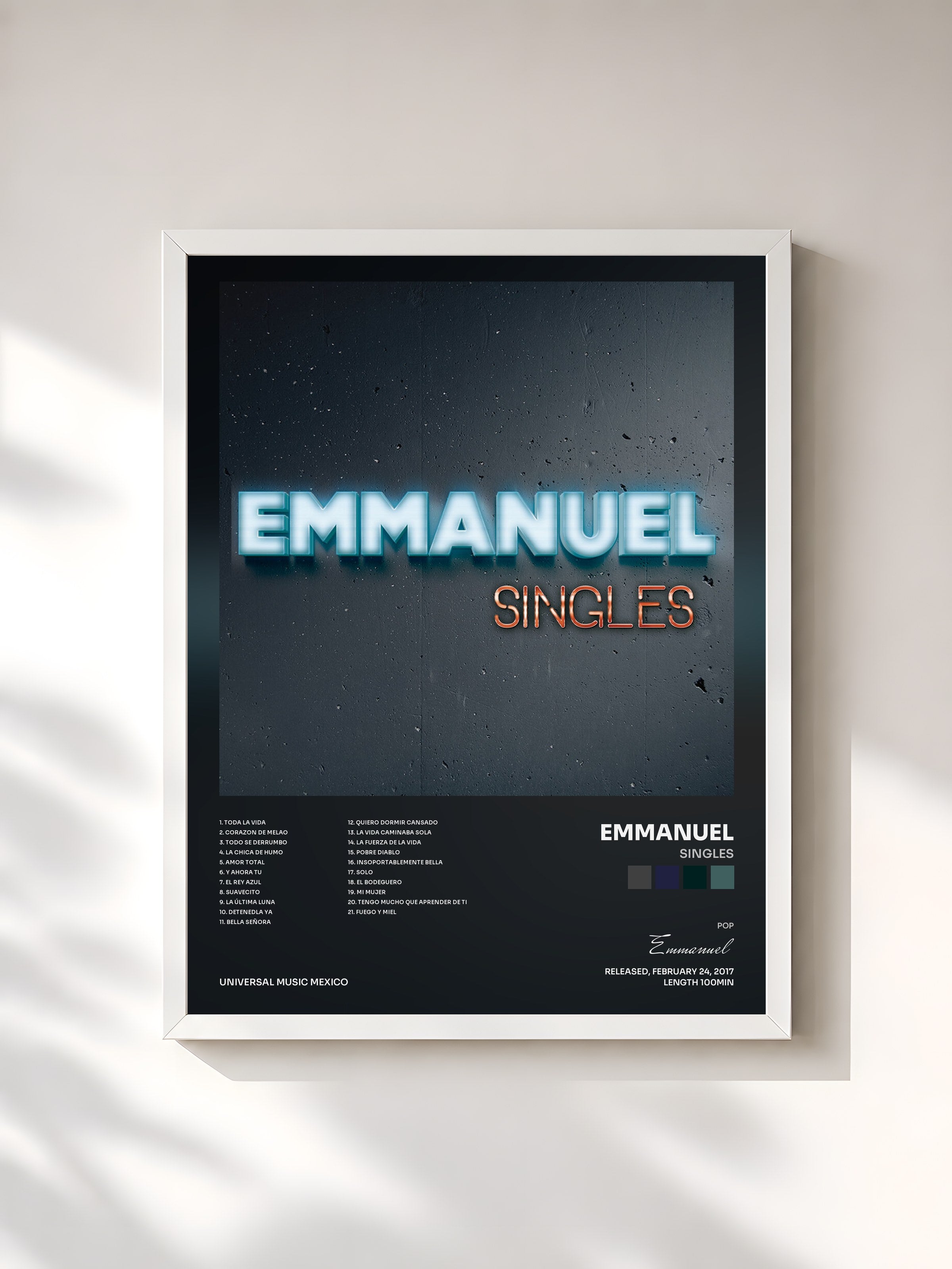 #blanc Tableau de l'album Singles de Emmanuel, cadre blanc, imprimé et encadré en France