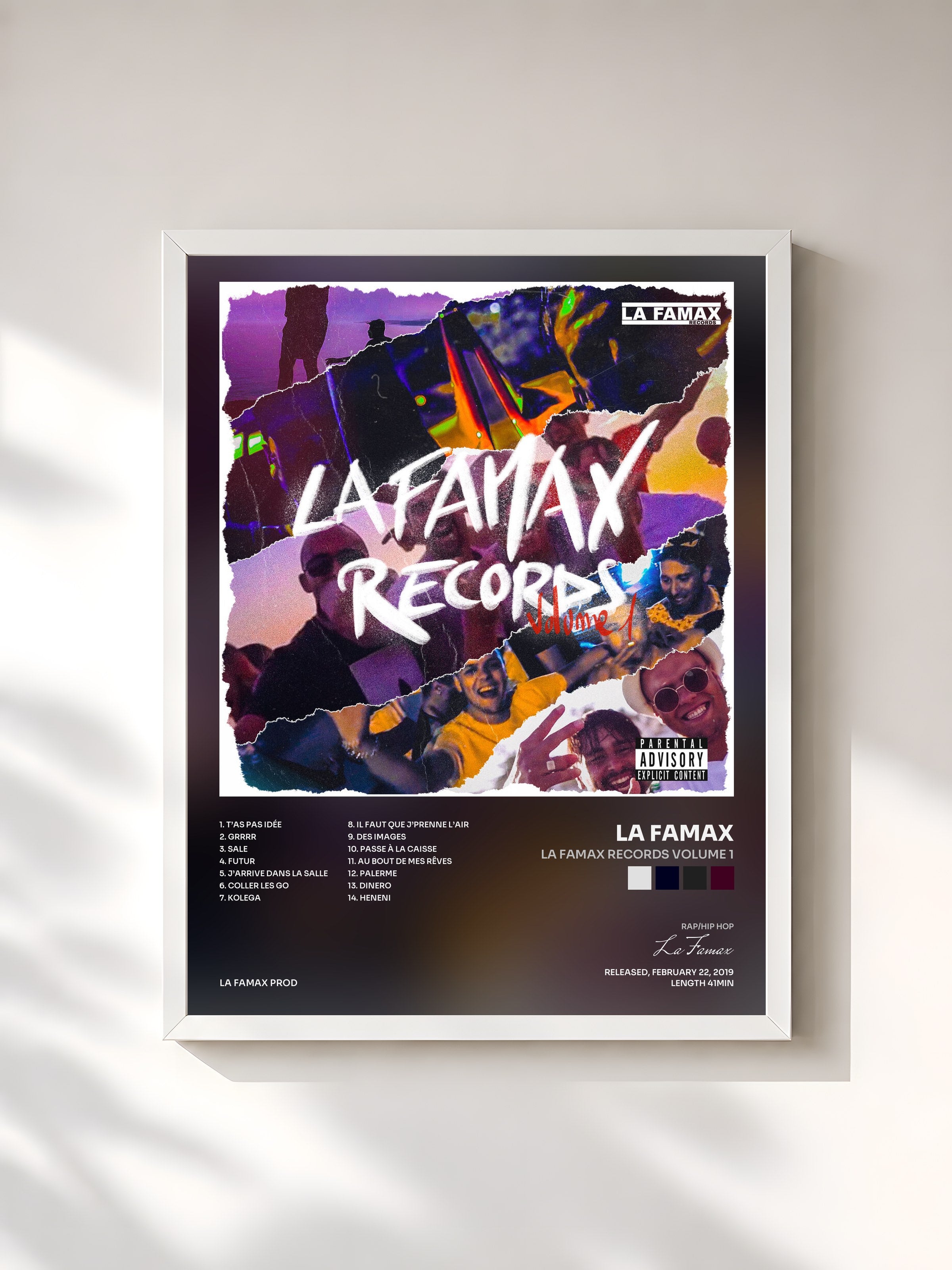 #blanc Tableau de l'album La Famax Records Volume 1 de La Famax, cadre blanc, imprimé et encadré en France