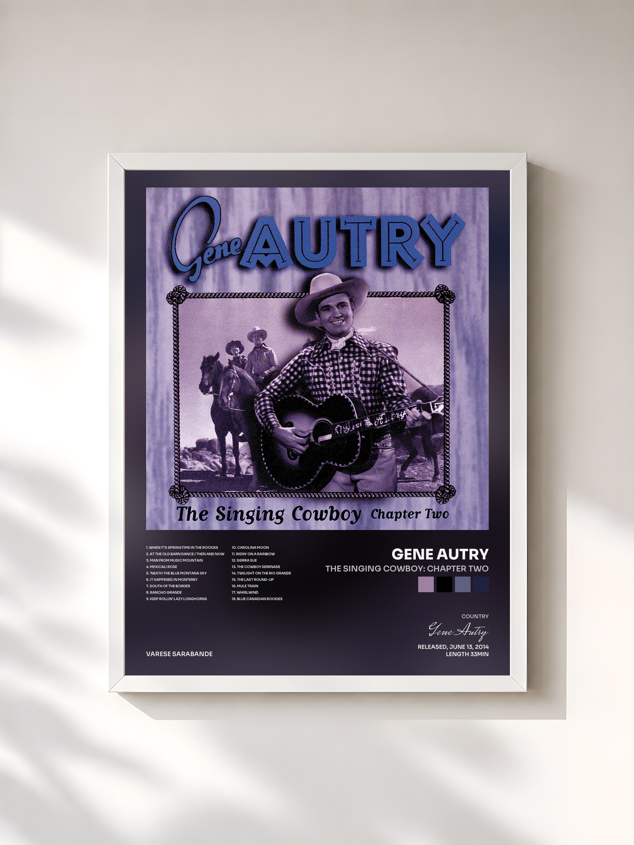 #blanc Tableau de l'album The Singing Cowboy: Chapter Two de Gene Autry, cadre blanc, imprimé et encadré en France