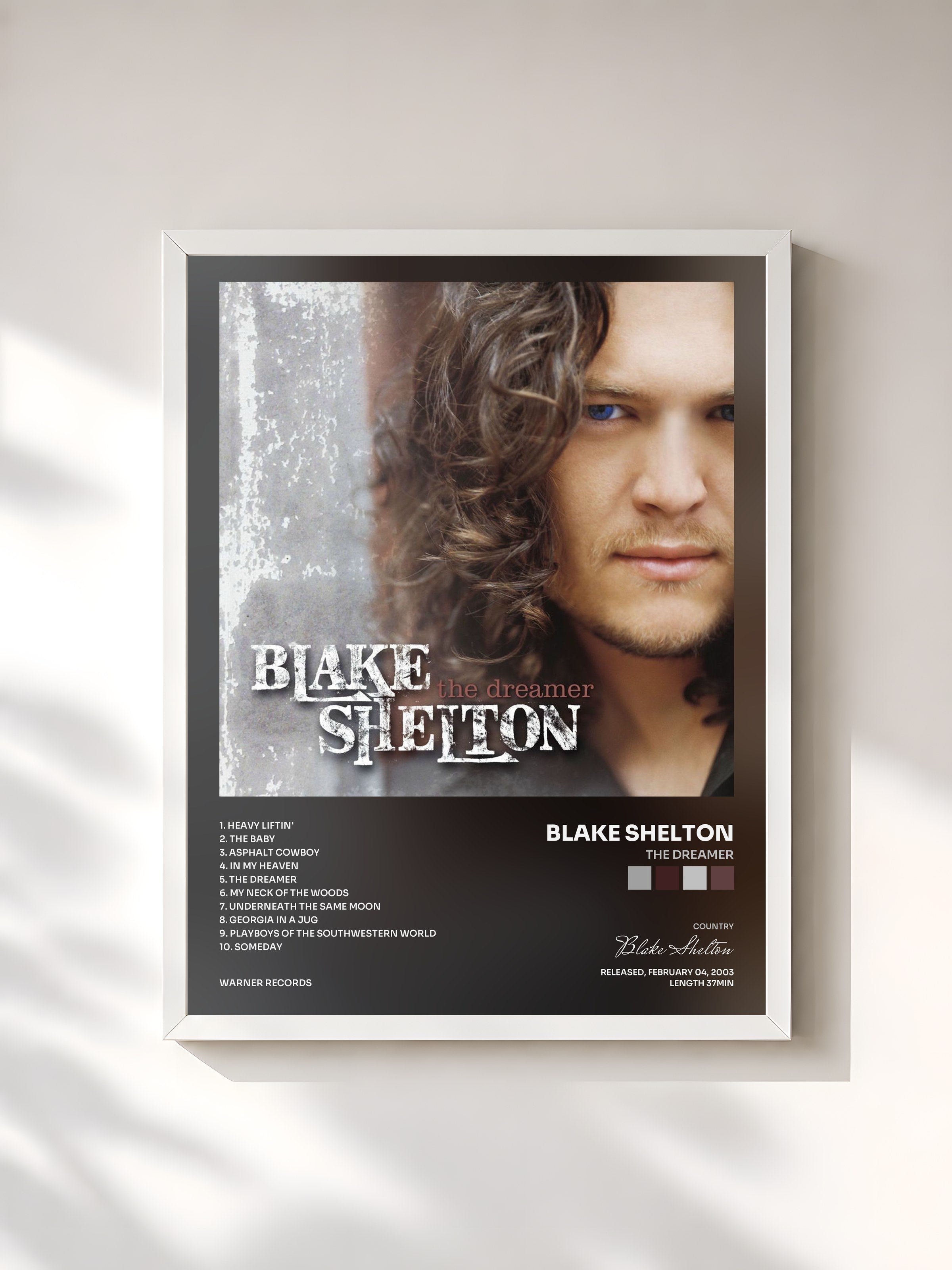 #blanc Tableau de l'album The Dreamer de Blake Shelton, cadre blanc, imprimé et encadré en France