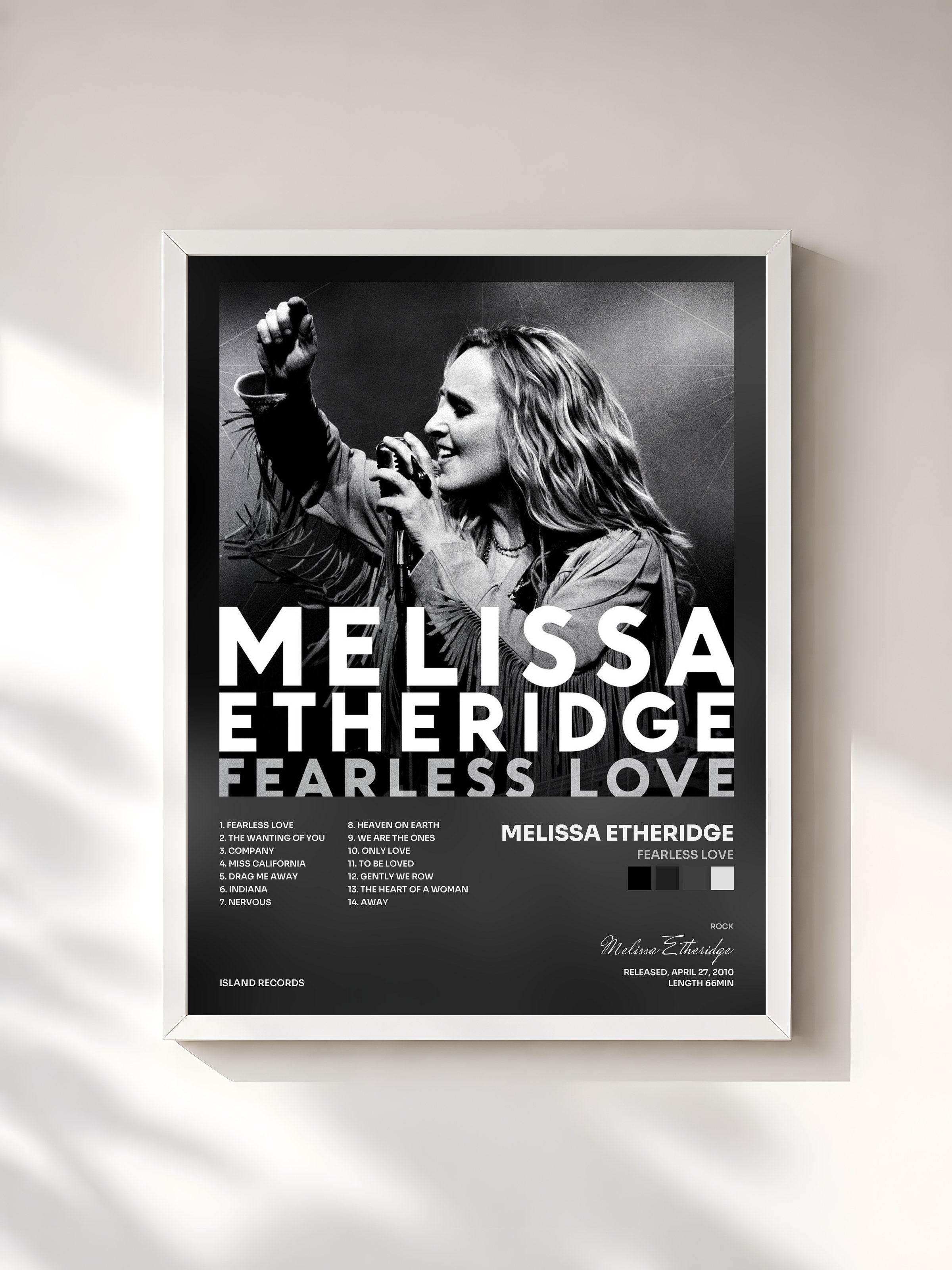 #blanc Tableau de l'album Fearless Love de Melissa Etheridge, cadre blanc, imprimé et encadré en France