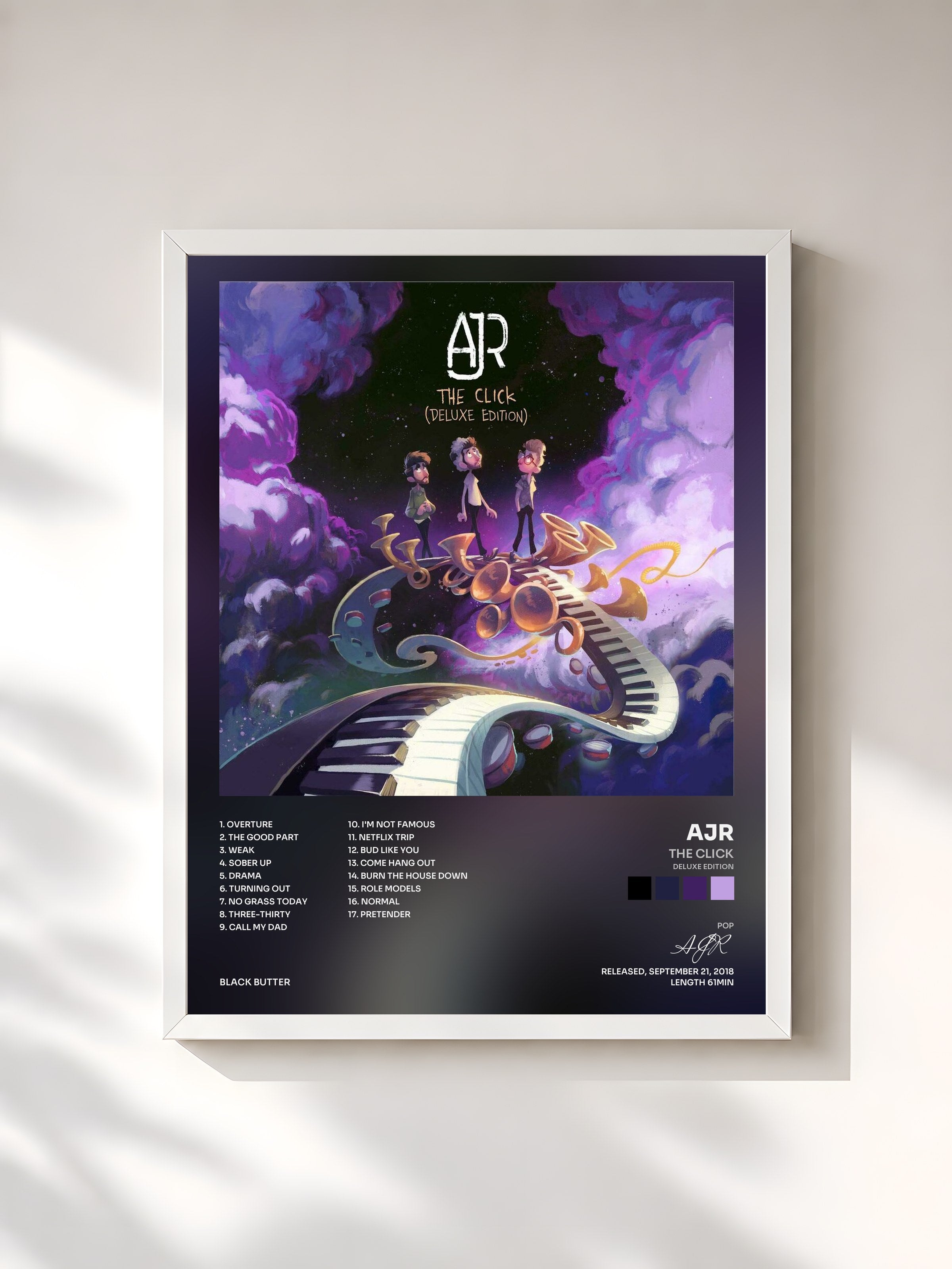 #blanc Tableau de l'album The Click (Deluxe Edition) de AJR, cadre blanc, imprimé et encadré en France