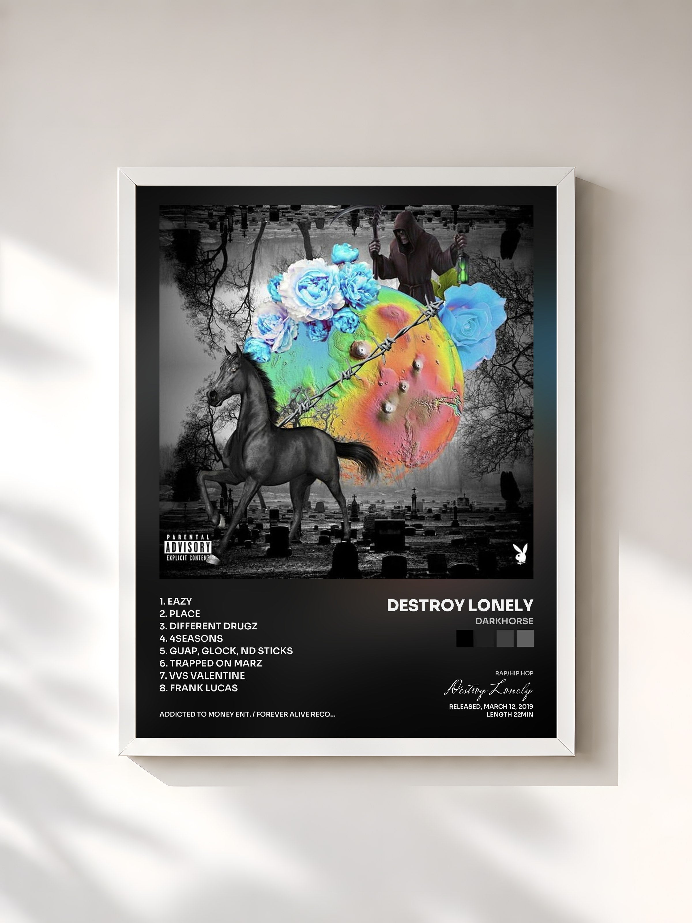 #blanc Tableau de l'album Darkhorse de Destroy Lonely, cadre blanc, imprimé et encadré en France