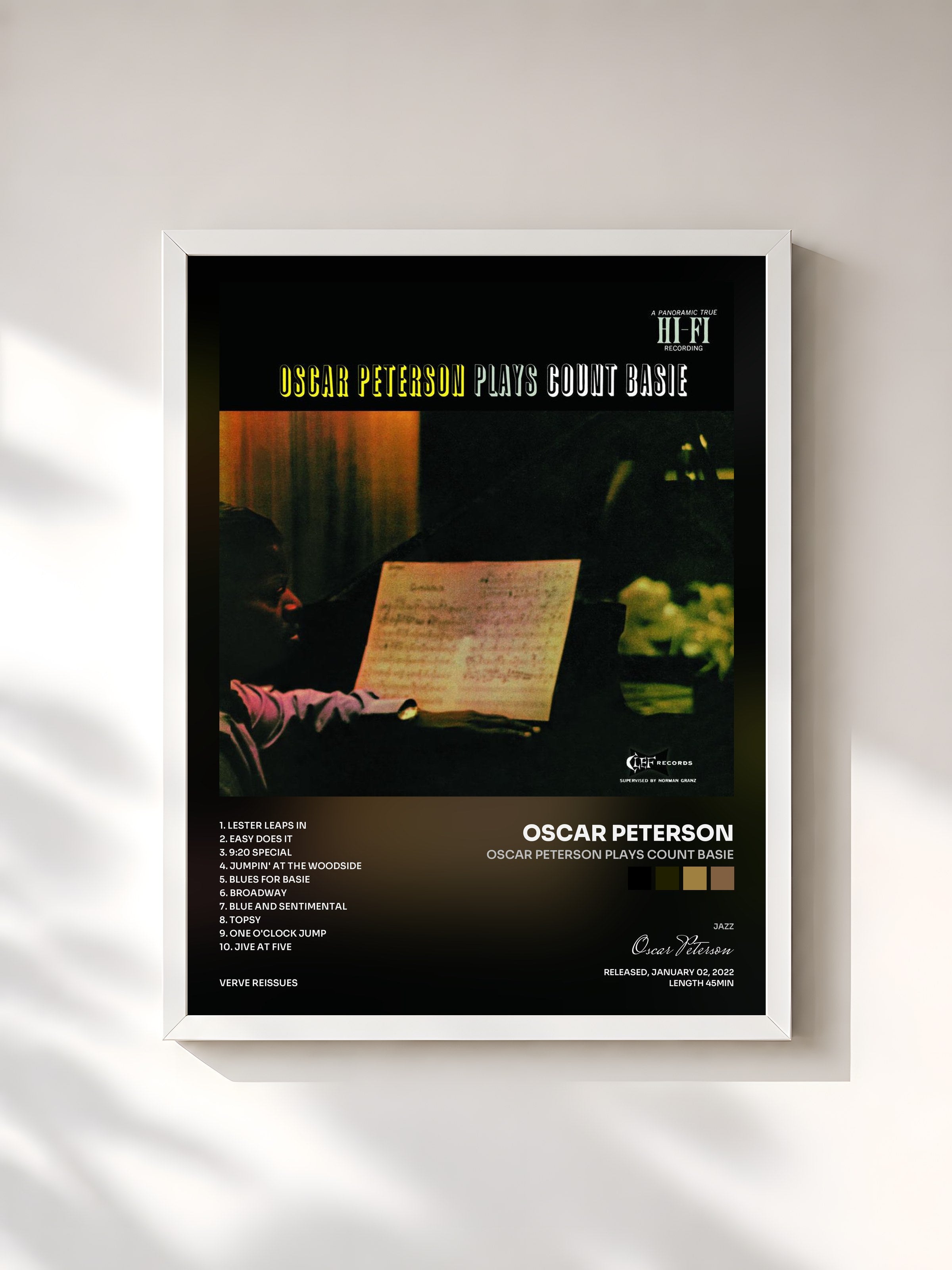 #blanc Tableau de l'album Oscar Peterson Plays Count Basie de Oscar Peterson, cadre blanc, imprimé et encadré en France